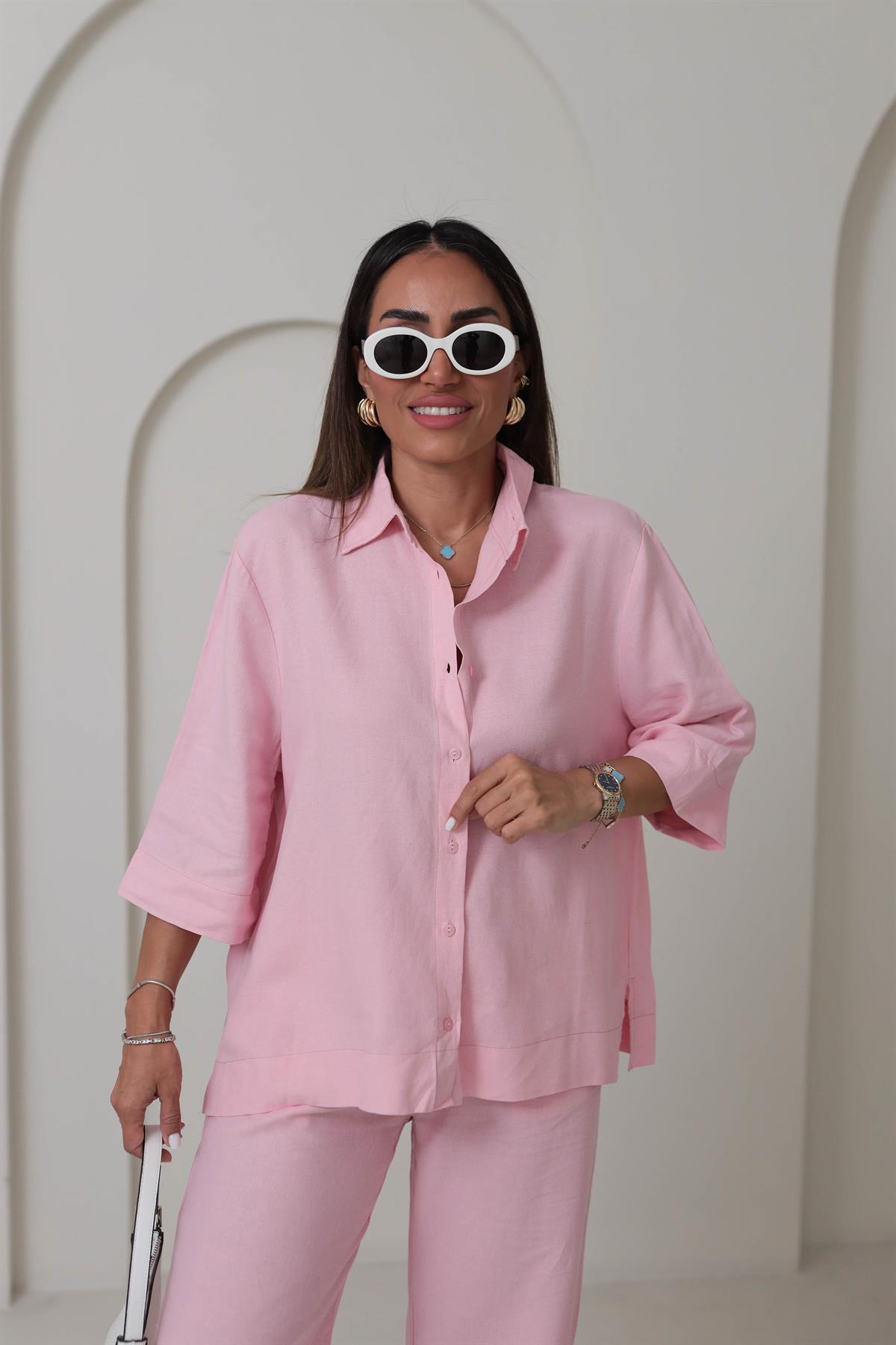 0390 Yarım Kol Gömlekli Pantolonlu Keten Takım PEMBE