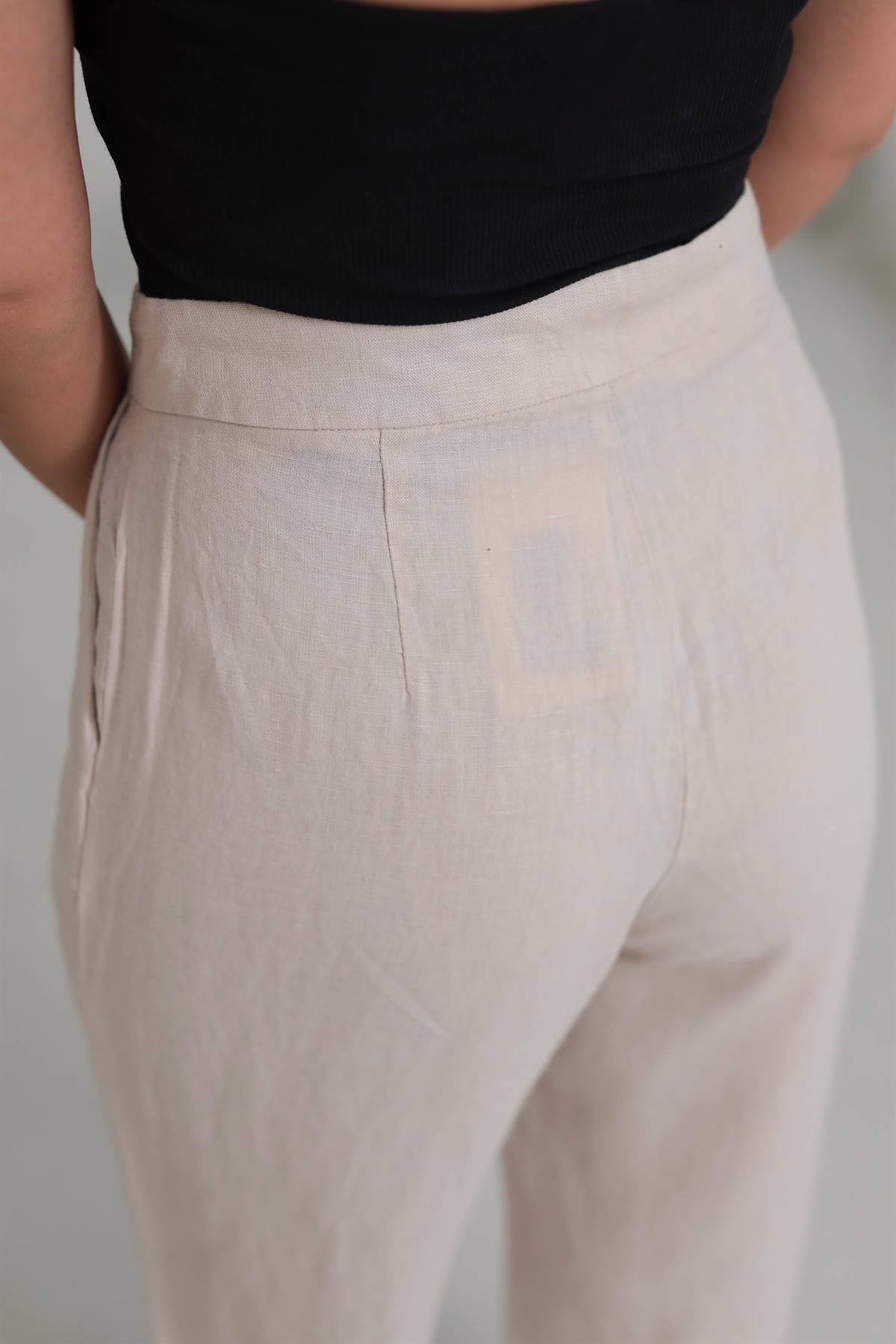 1448 Yüksek Bel Bol Paça Ham Keten Palazzo Pantolon TAŞ