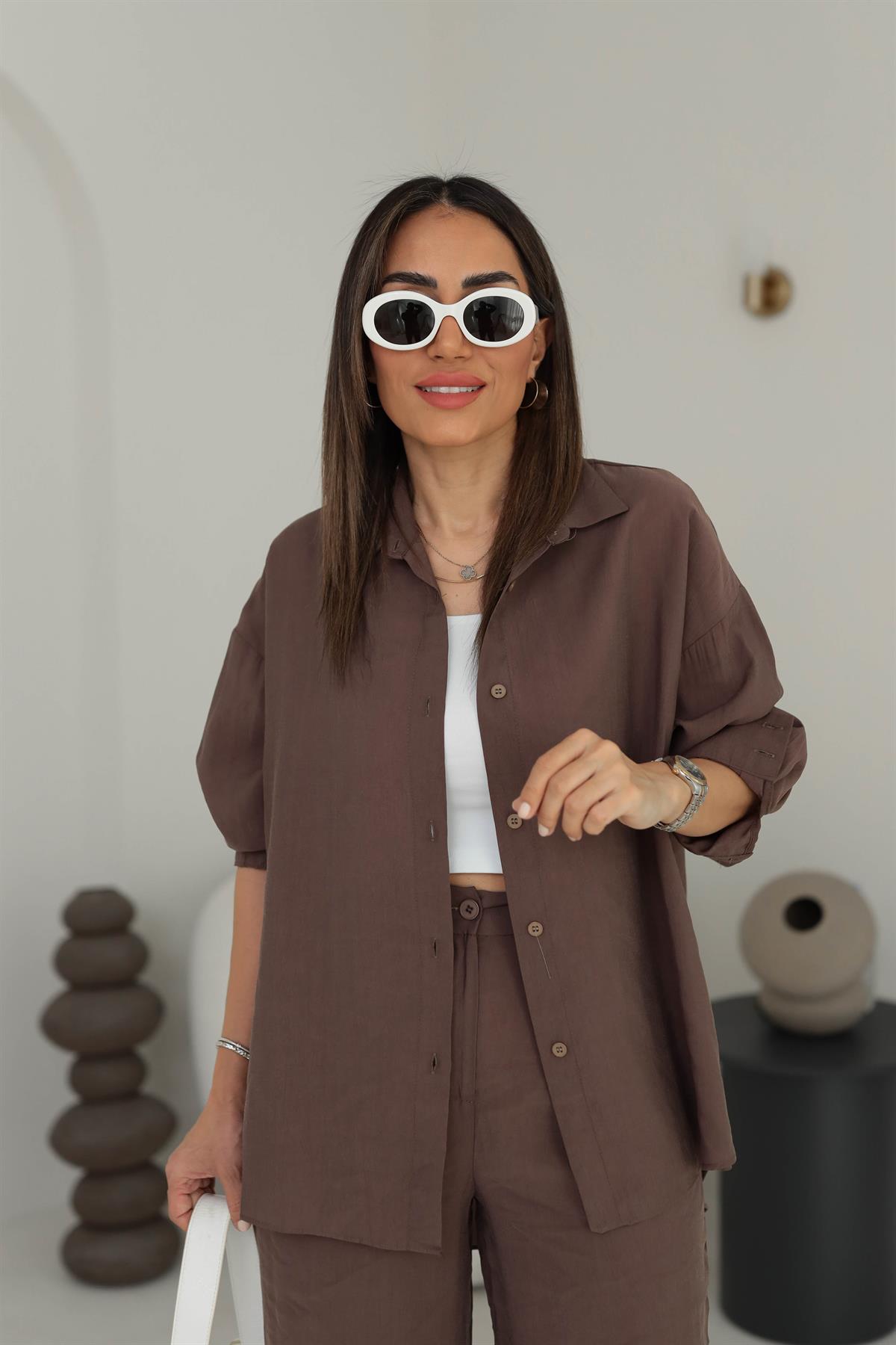 8557 Tencel Kumaş Gömlekli Takım KAHVE