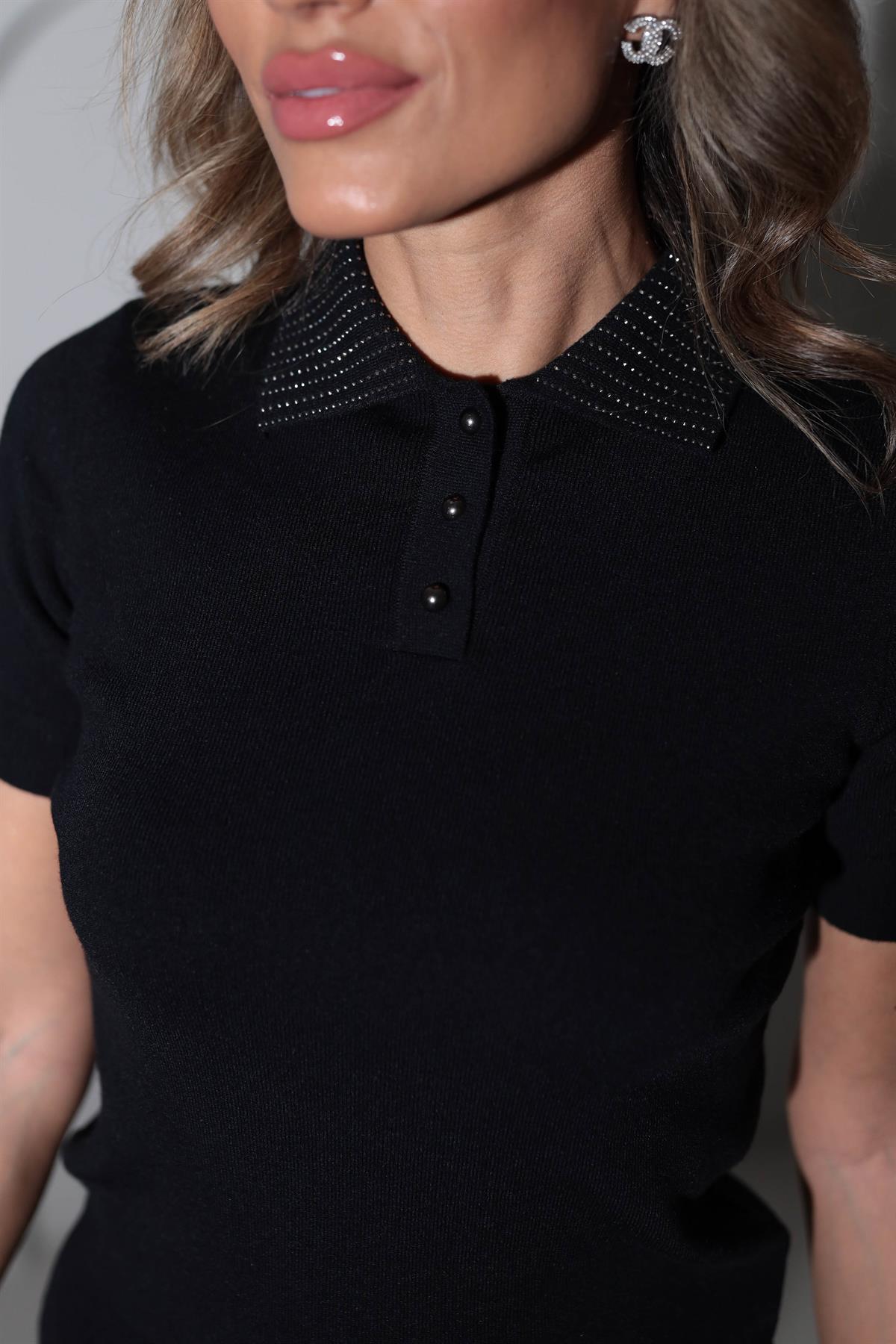 TK01 Polo Yaka Taşlı Kısa Kol Triko SİYAH