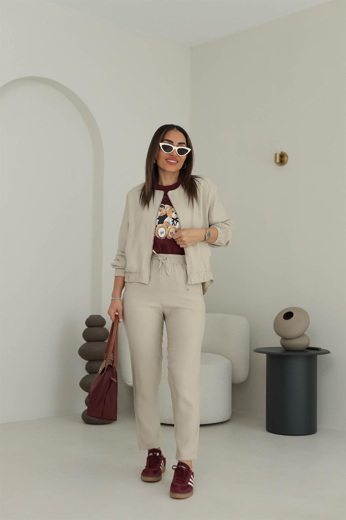 3193 Fermuar Ve Önü Lastik Detaylı Tencel Kumaş Takım TAŞ