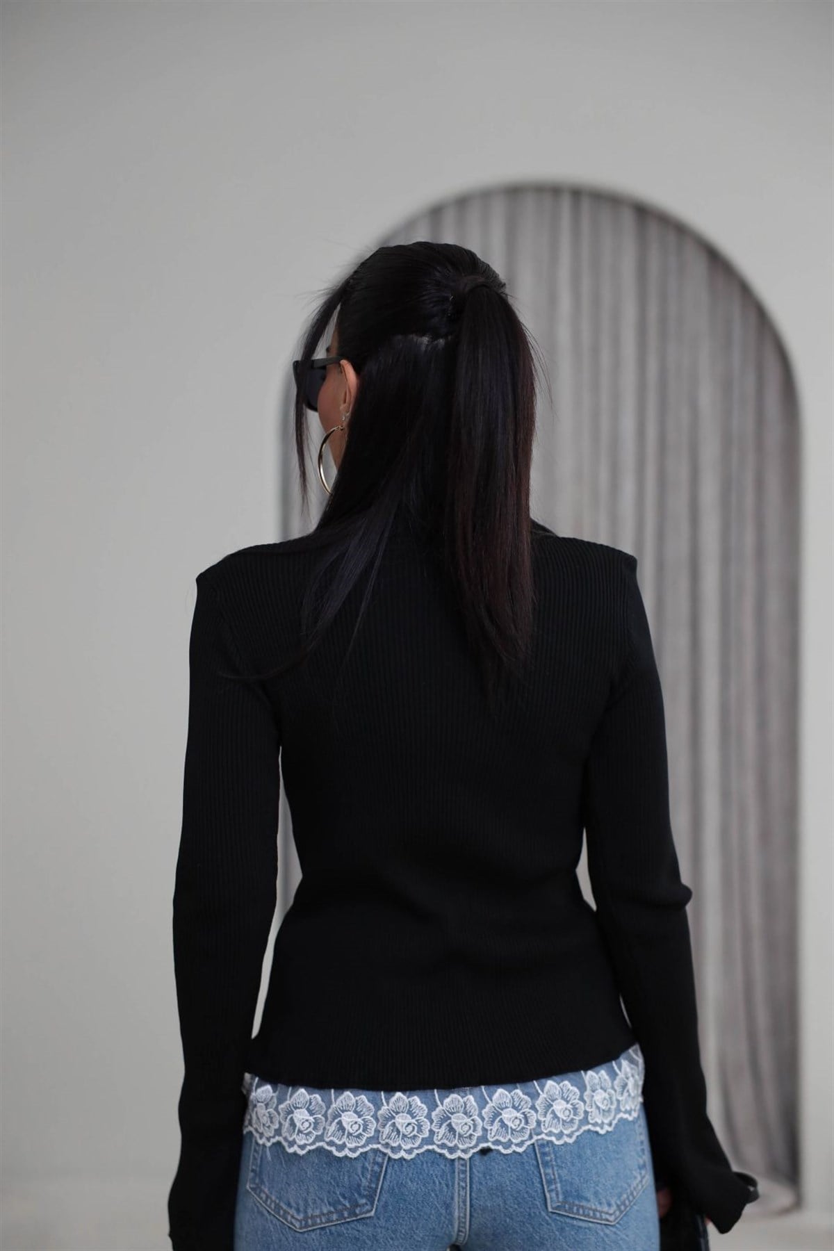 Yarım Balıkçı İspanyol Kol Güpürlü Hırka SİYAH