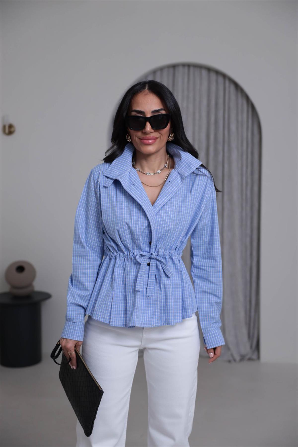 4099 Dik Yaka Belden Bağlamalı Ekose Gömlek MAVİ