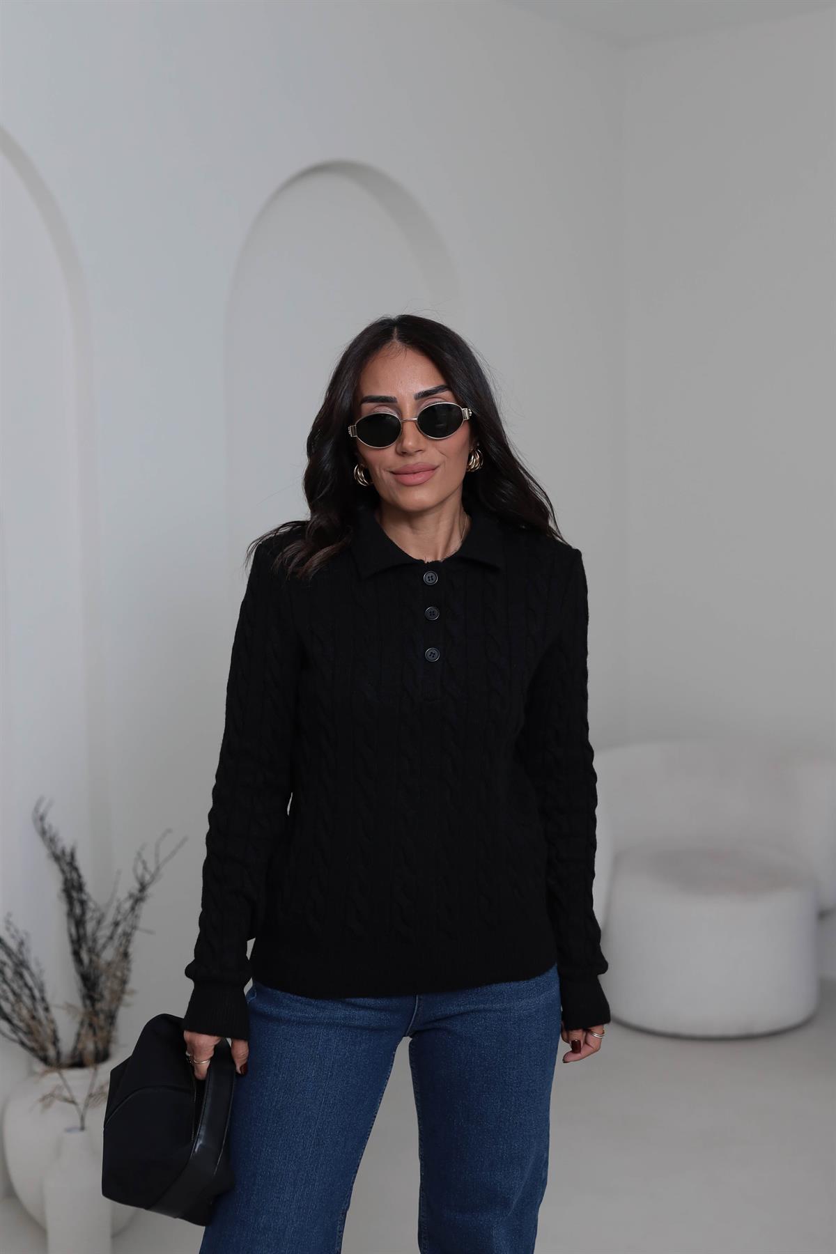 0145 Saç Örgü Polo Yaka Rahat Kazak SİYAH