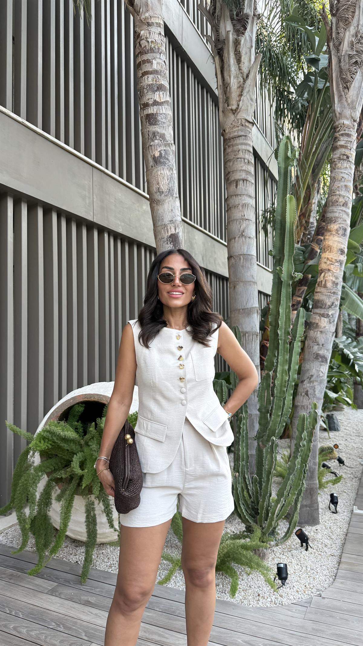 0284 Düğme Detaylı Dokuma Yelek & Şort Takım NATURAL