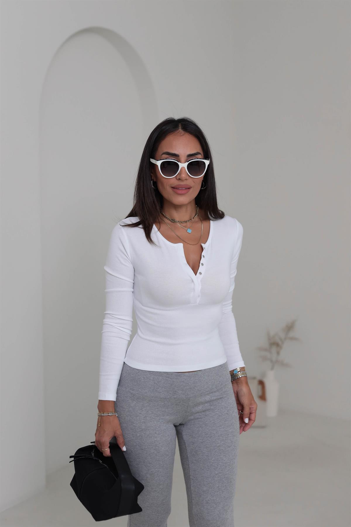 1442 Uzun Kollu Çıtçıt Düğmeli Bluz BEYAZ