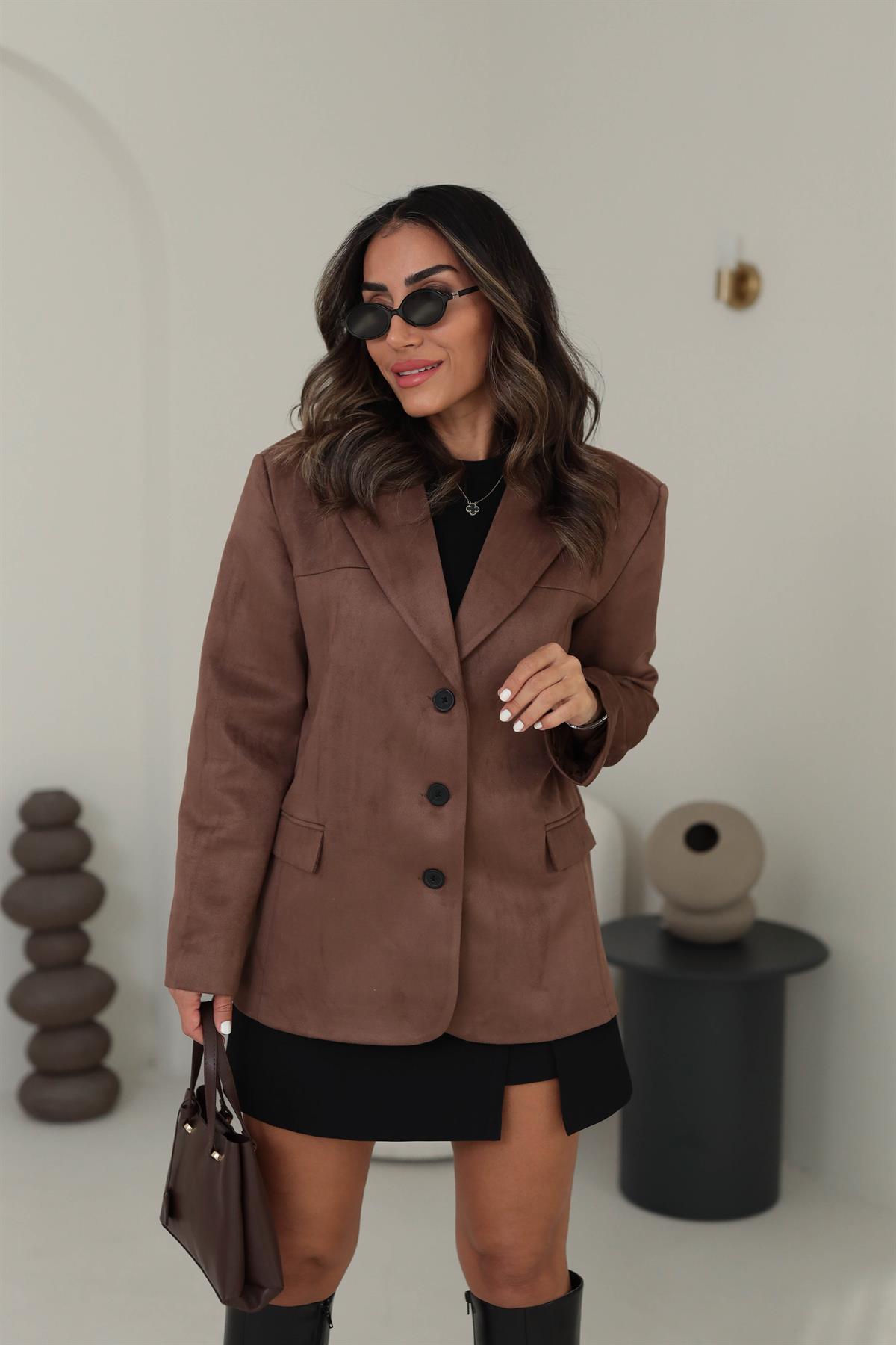 8022 Süet Kumaş Blazer Ceket KAHVE