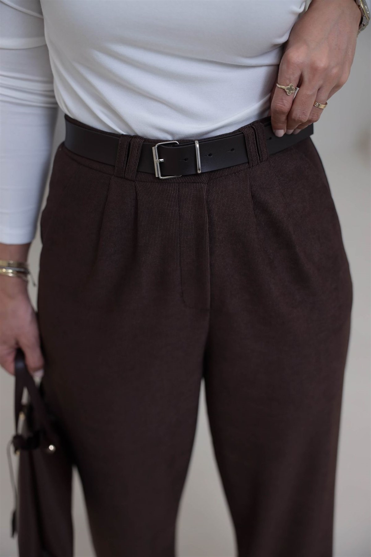 3290 Kemerli Fitilli Kumaş Palazzo Pantolon ACI KAHVE