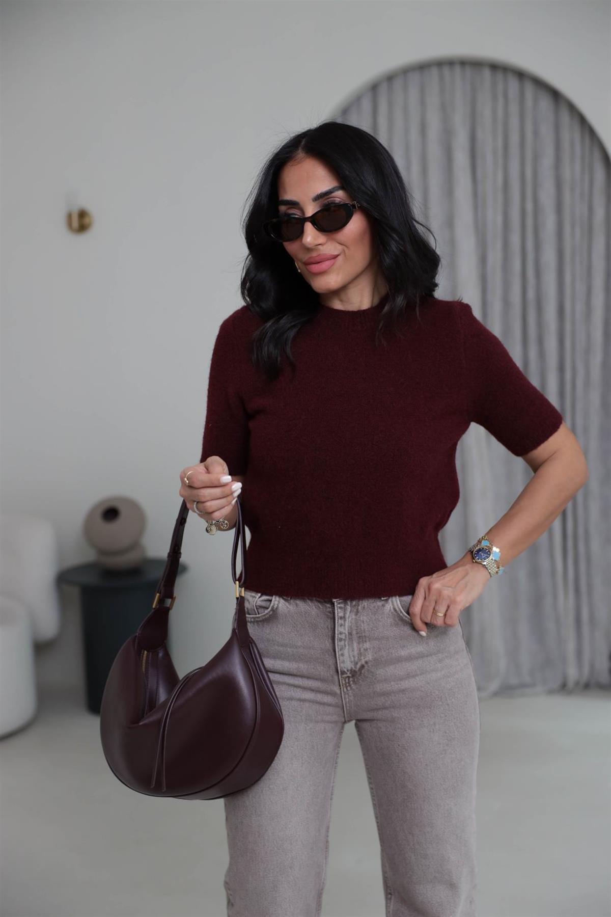 4767 Bisiklet Yaka Kısa Kol Triko Bluz BORDO