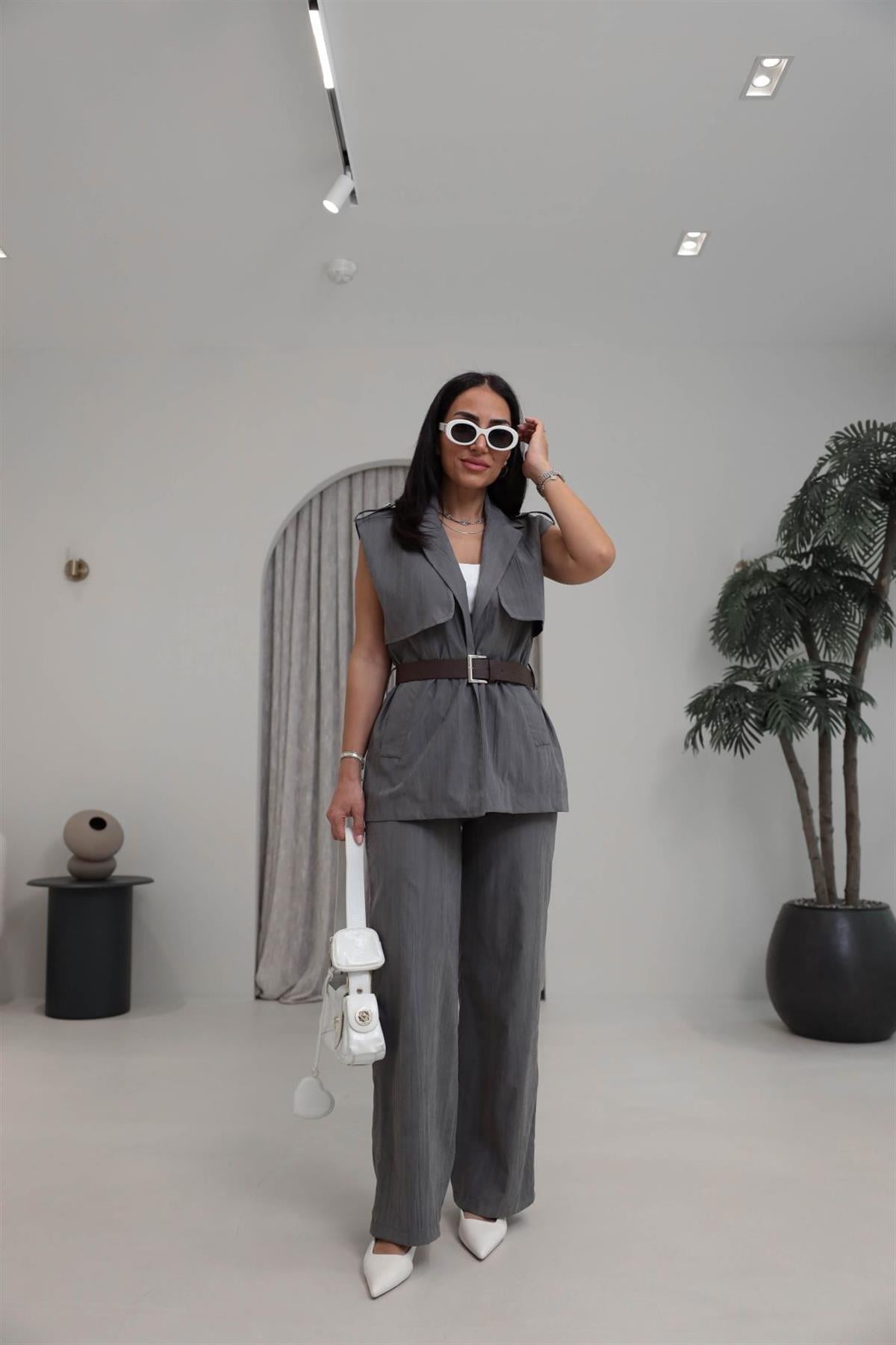 0719 Kemerli Tencel Kumaş Pantolon Yelek Takım GRİ