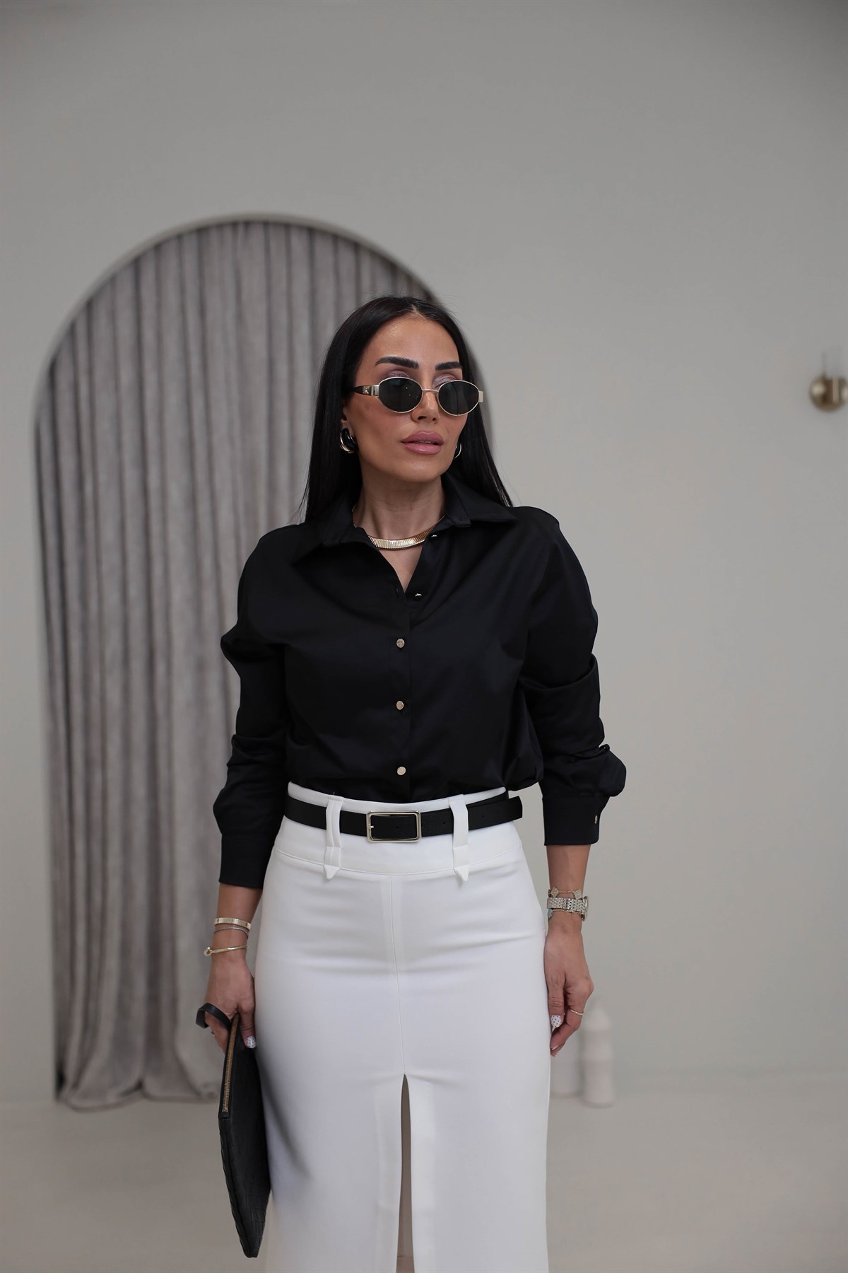 7543 Gold Düğme Detaylı Gömlek SİYAH