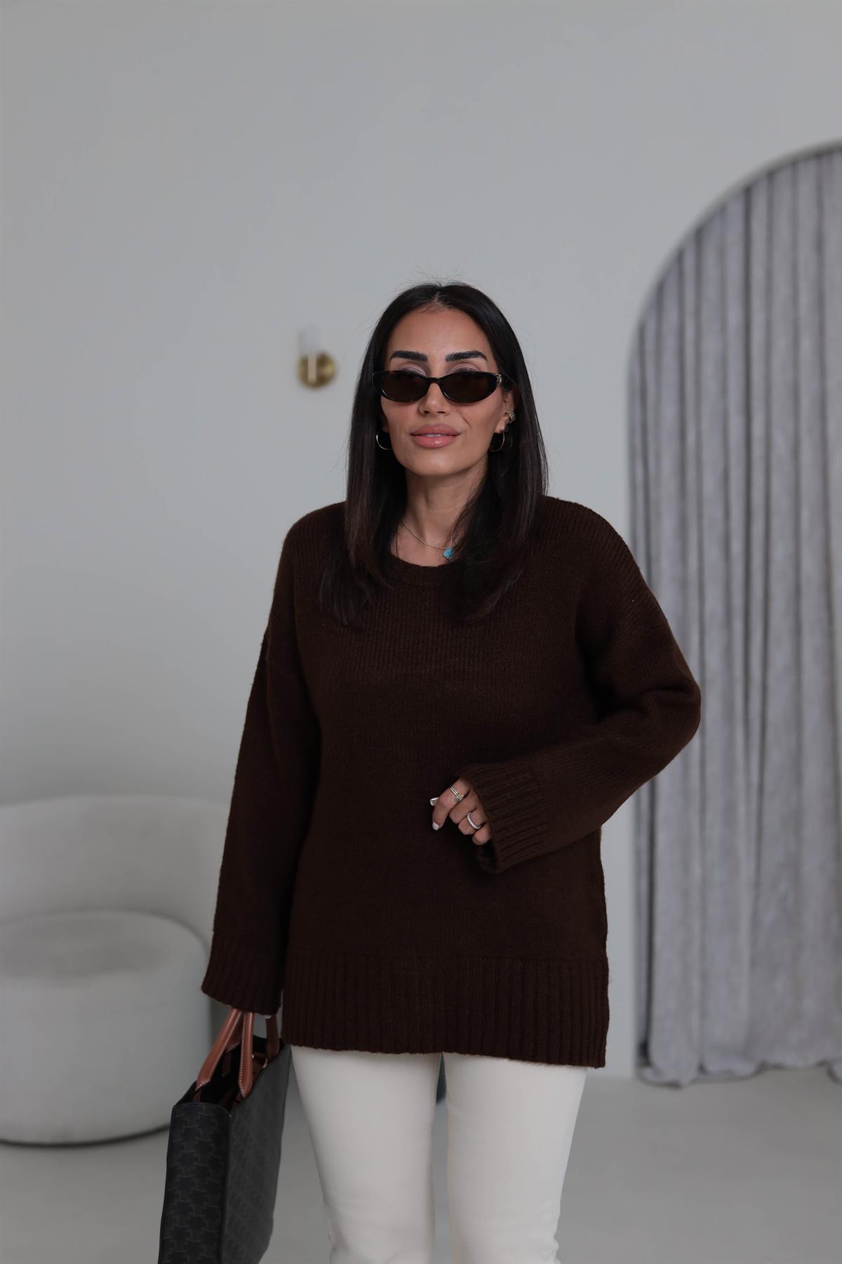 0100 Bisiklet Yaka Oversize Düz Kazak KAHVE