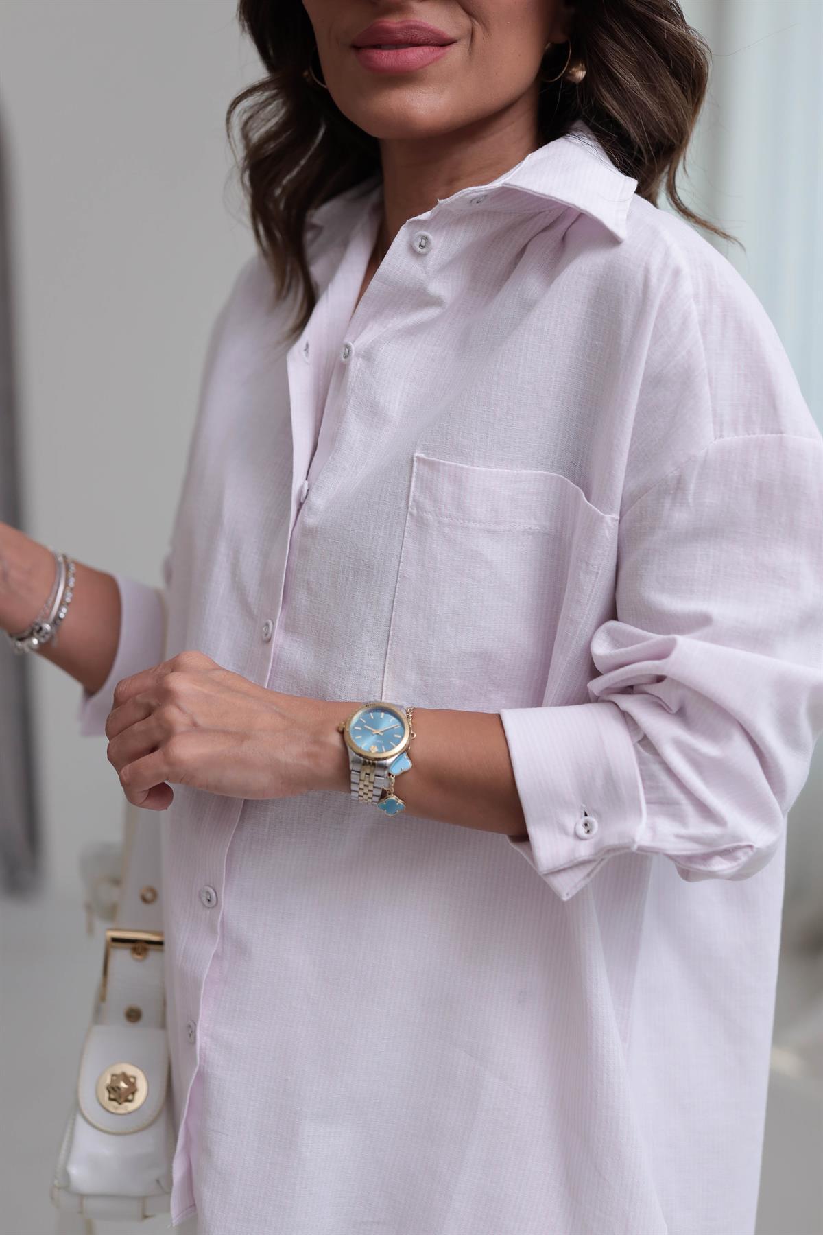 4939 Çizgili Oversize Kol Katlamalı Gömlek PEMBE