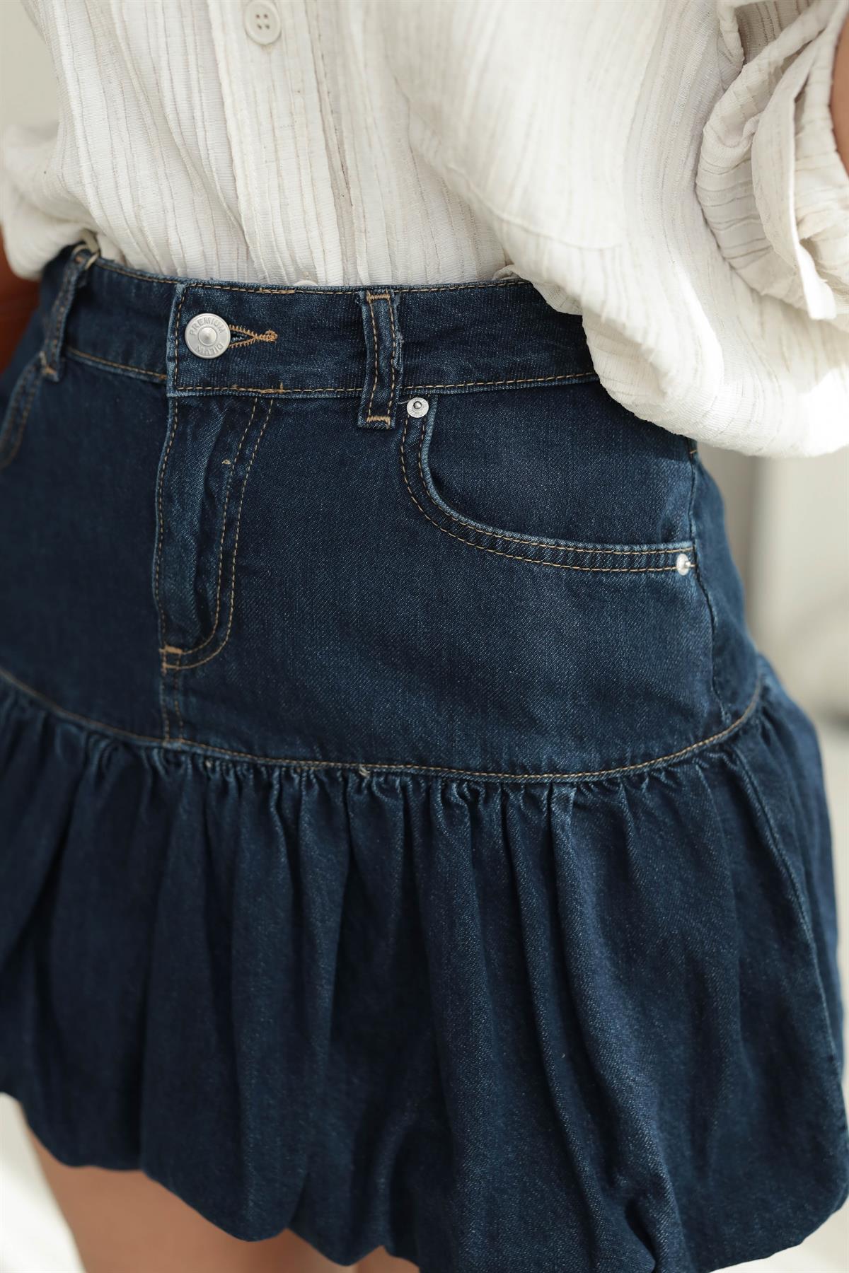 0573 Denim Mini Balon Etek KOYU LACİ