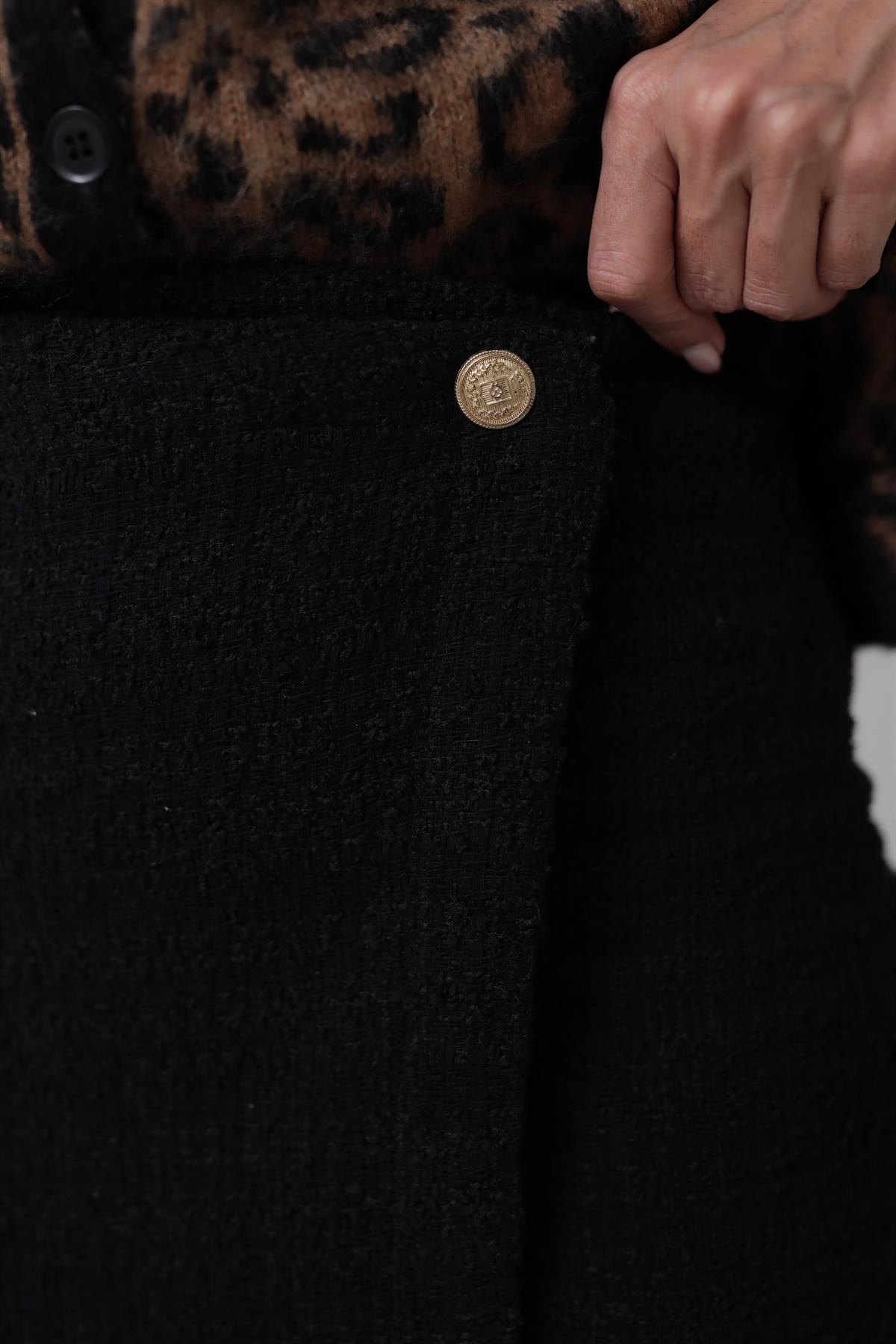 4244 Gold Düğmeli Tüvit Etek SİYAH