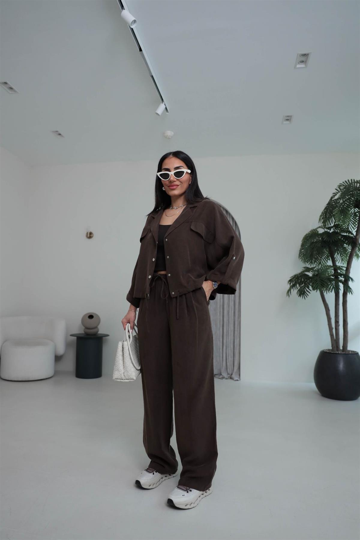 T0666 Tasarım Gabardin Tencel Takım KAHVE