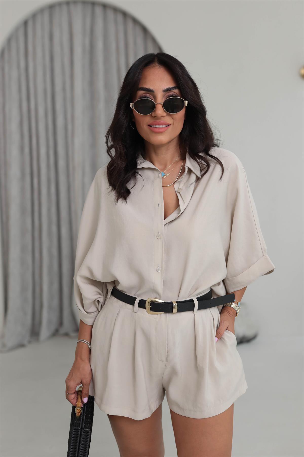 513 Tencel Düşük Omuz Gömlekli Şort Takım TAŞ