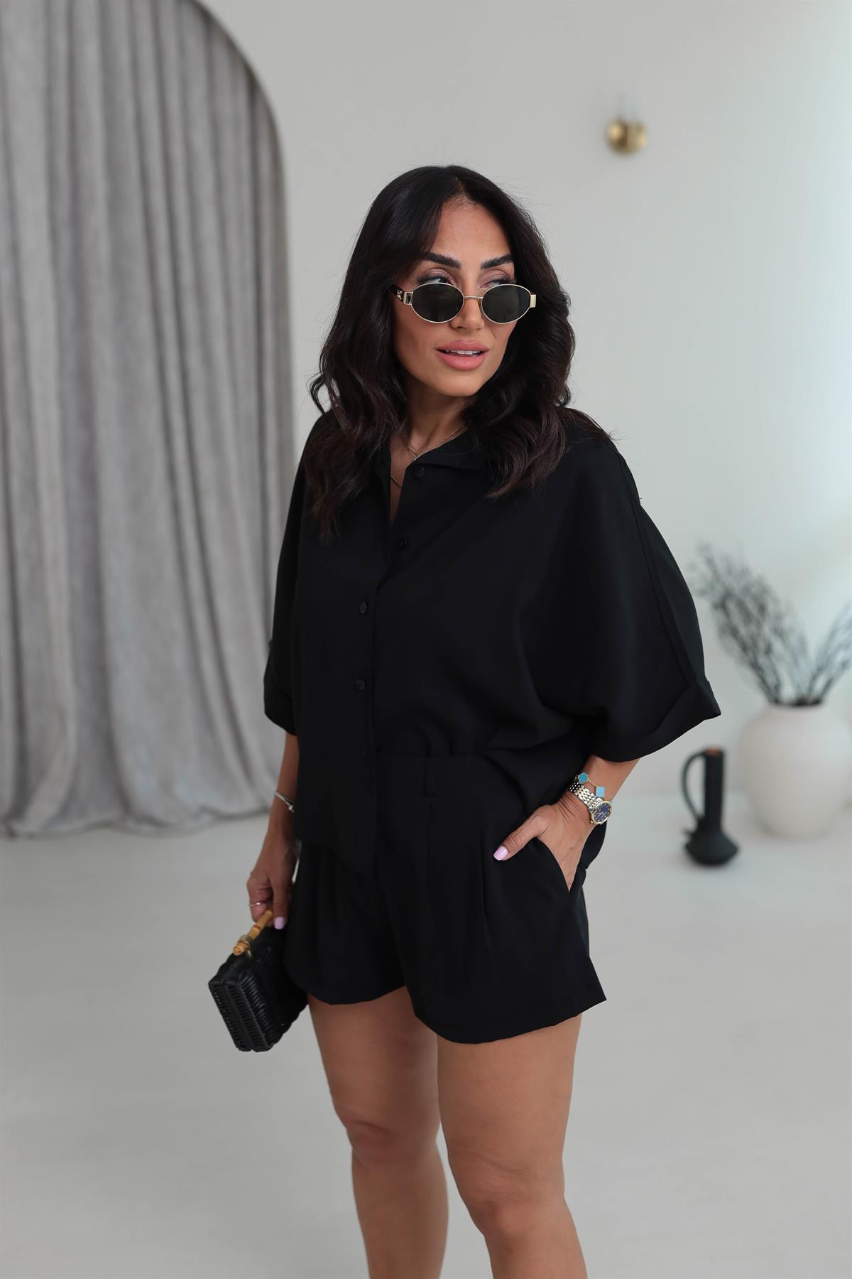 513 Tencel Düşük Omuz Gömlekli Şort Takım SİYAH