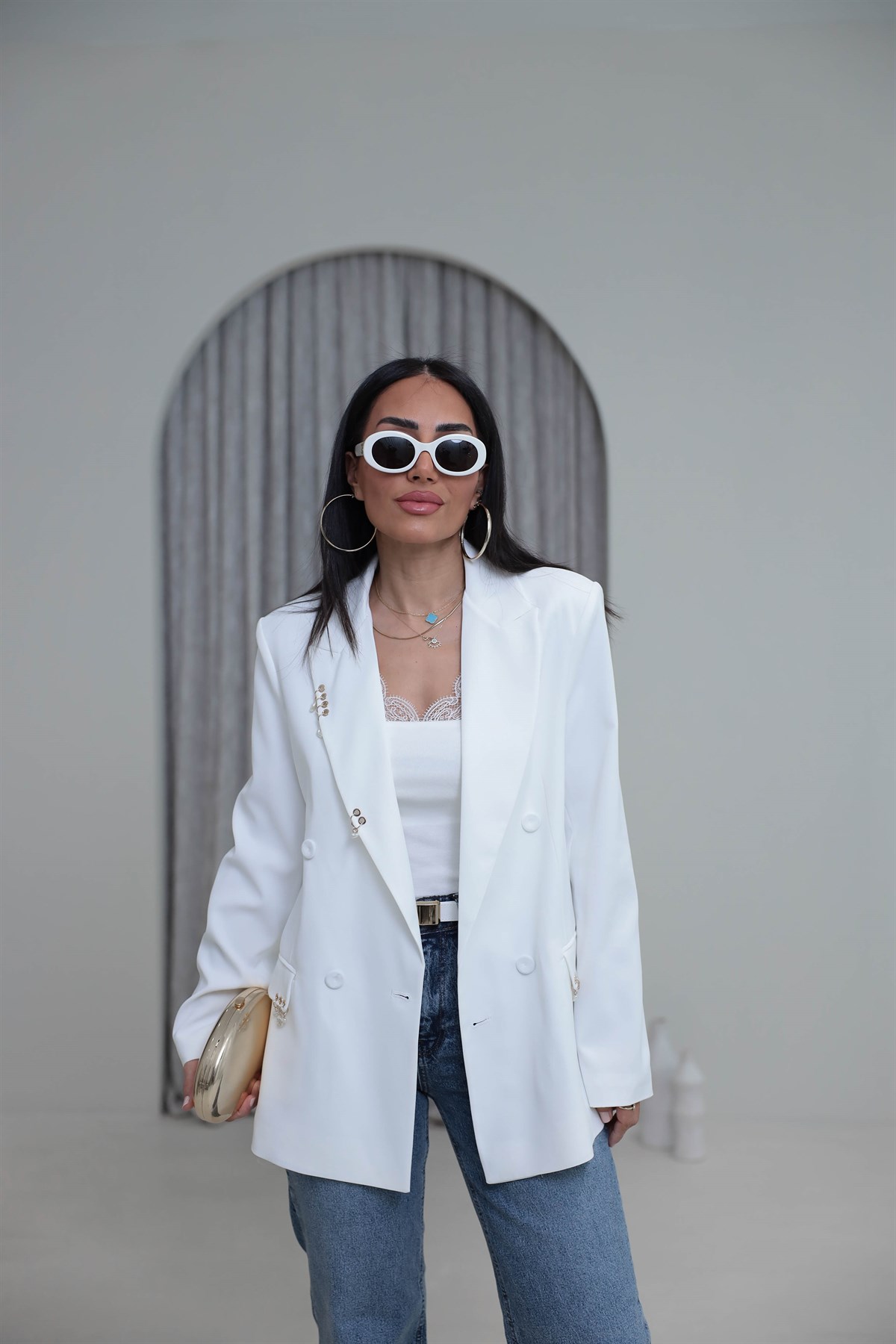 0756 Kuş Gözü Aksesuarlı Düğmeli Blazer Ceket EKRU