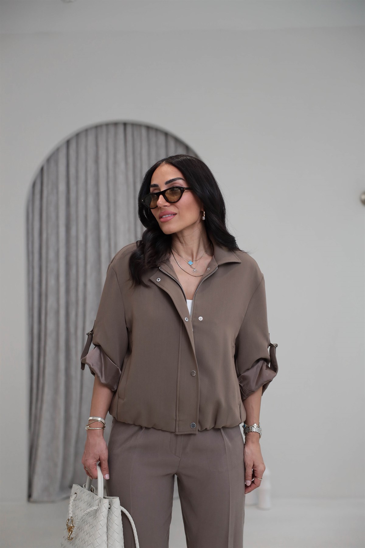 6341 Kolu Katlamalı Fermuarlı Çıtçıtlı Ceket KAHVE