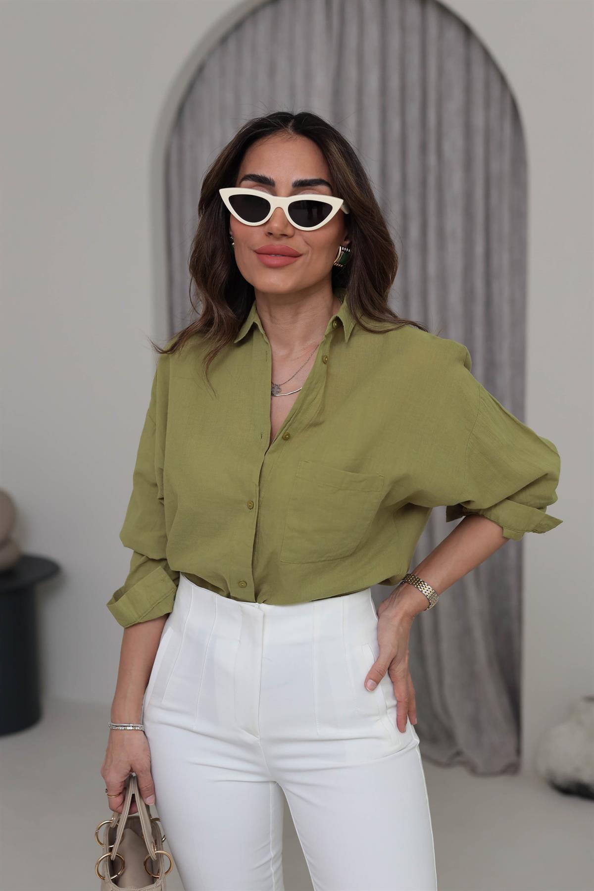 4294 Cep Detaylı Pamuklu Dokulu Gömlek FISTIK YEŞİLİ