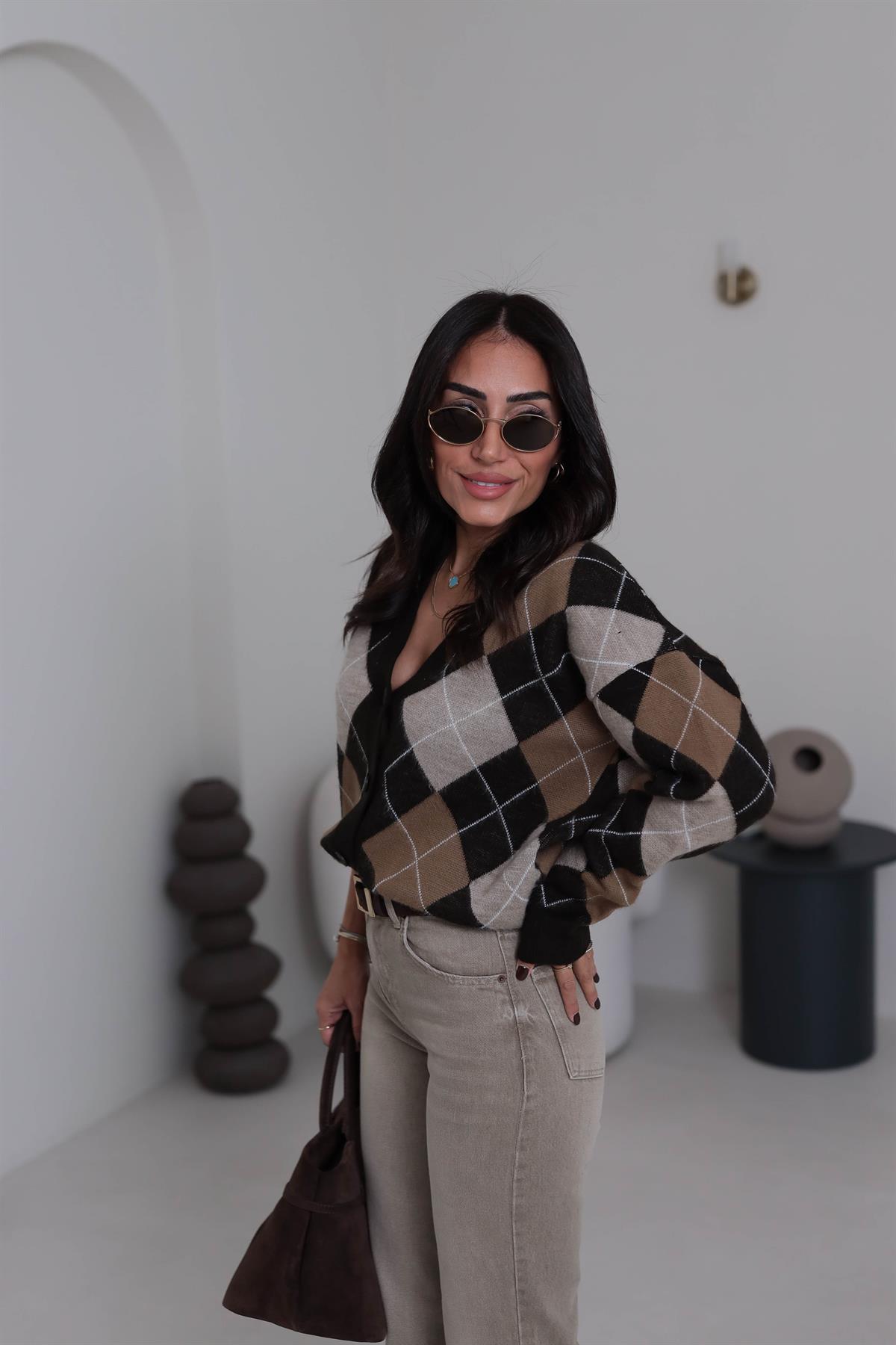 6868 Baklava Desen Bol Kalıp Hırka KAHVE