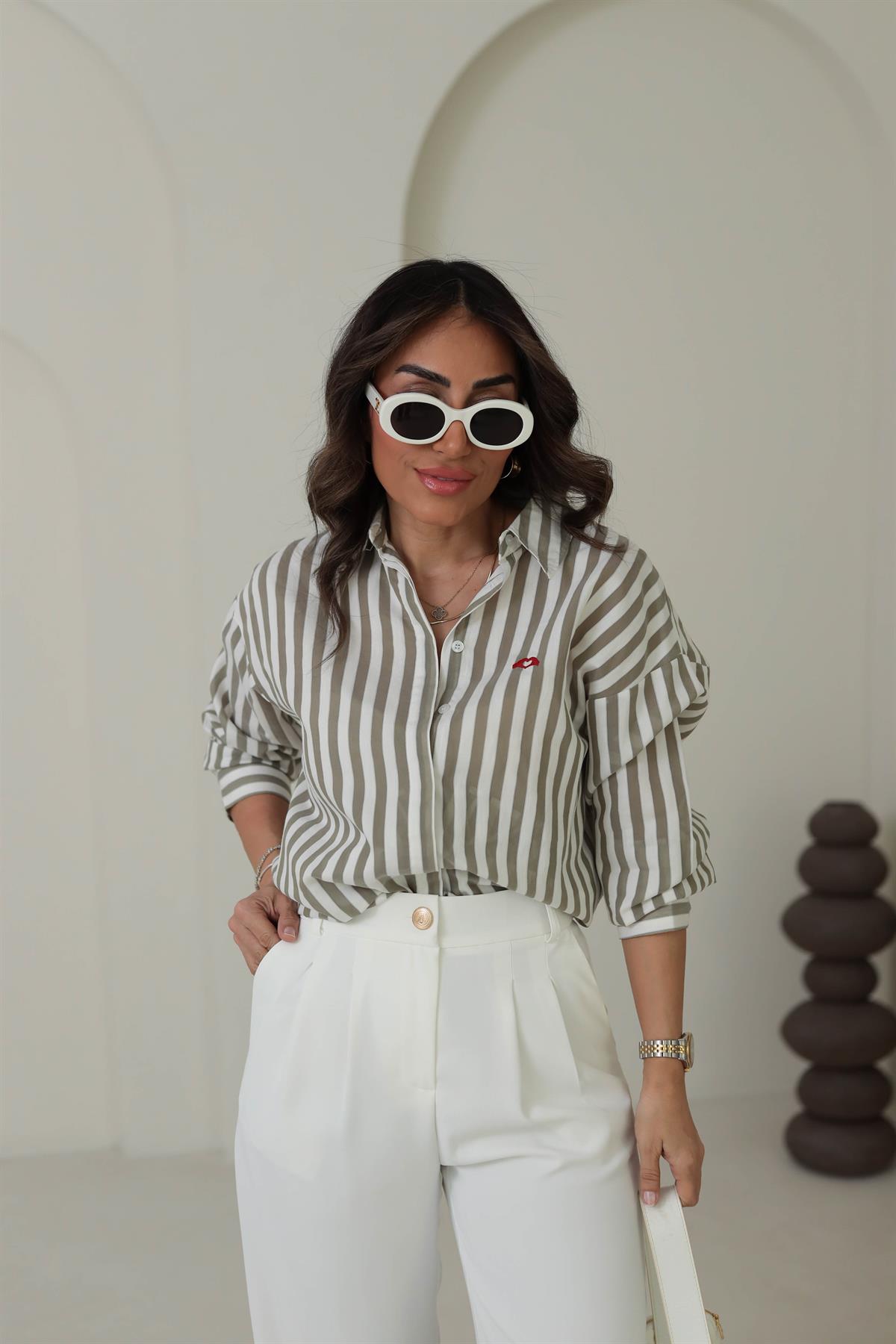 7053 Çizgili Kalp Nakışlı Cotton Gömlek HAKİ YEŞİL