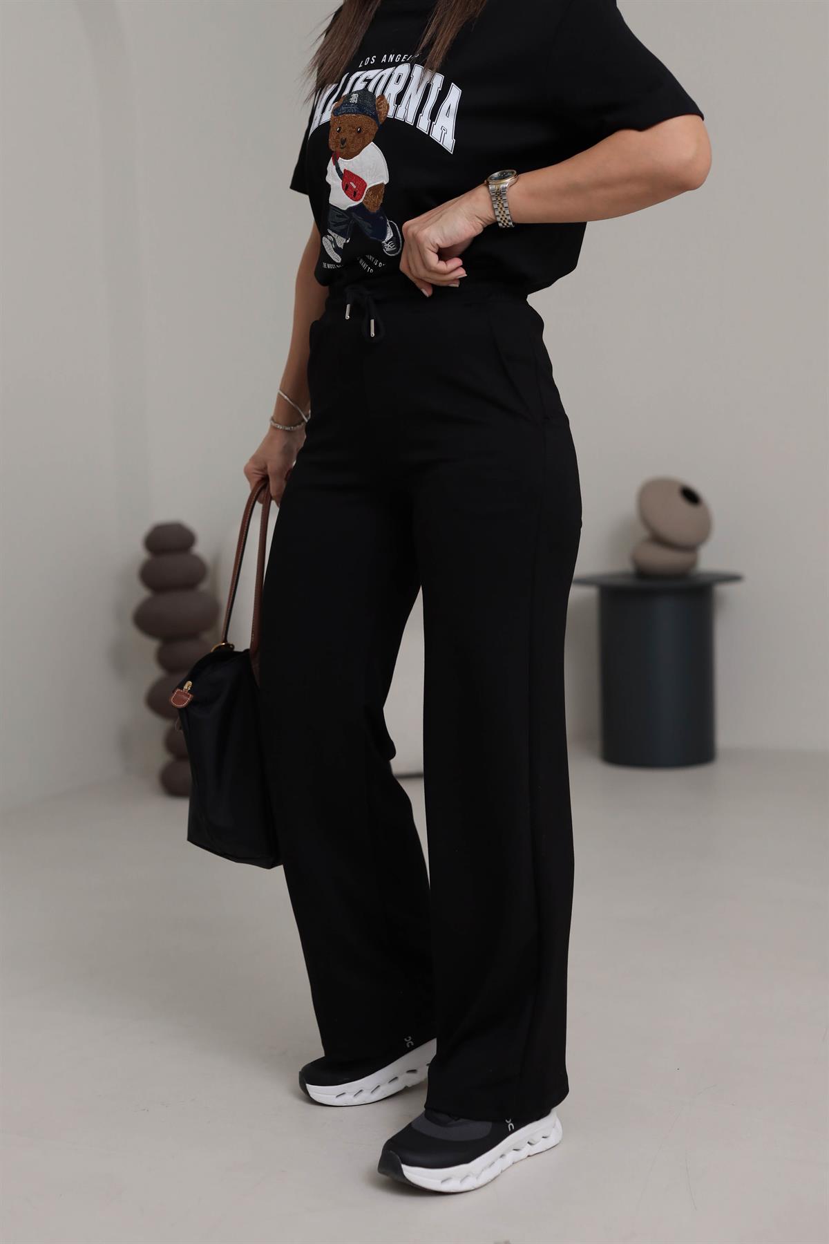 0016 Modal Kumaş Bel Lastikli Palazzo Eşofman Altı SİYAH