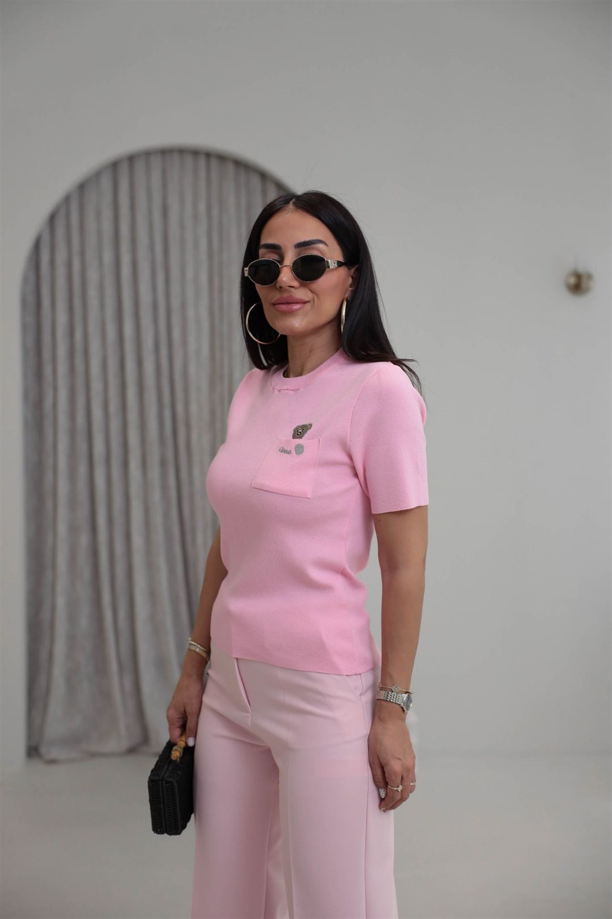 0640 Cebi Ayıcıklı Rayon Kumaş Bluz PEMBE