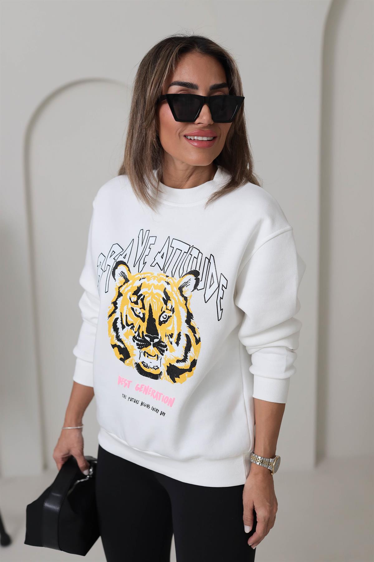 Bisiklet Yaka Kaplan Baskılı Şardonlu Sweatshirt EKRU