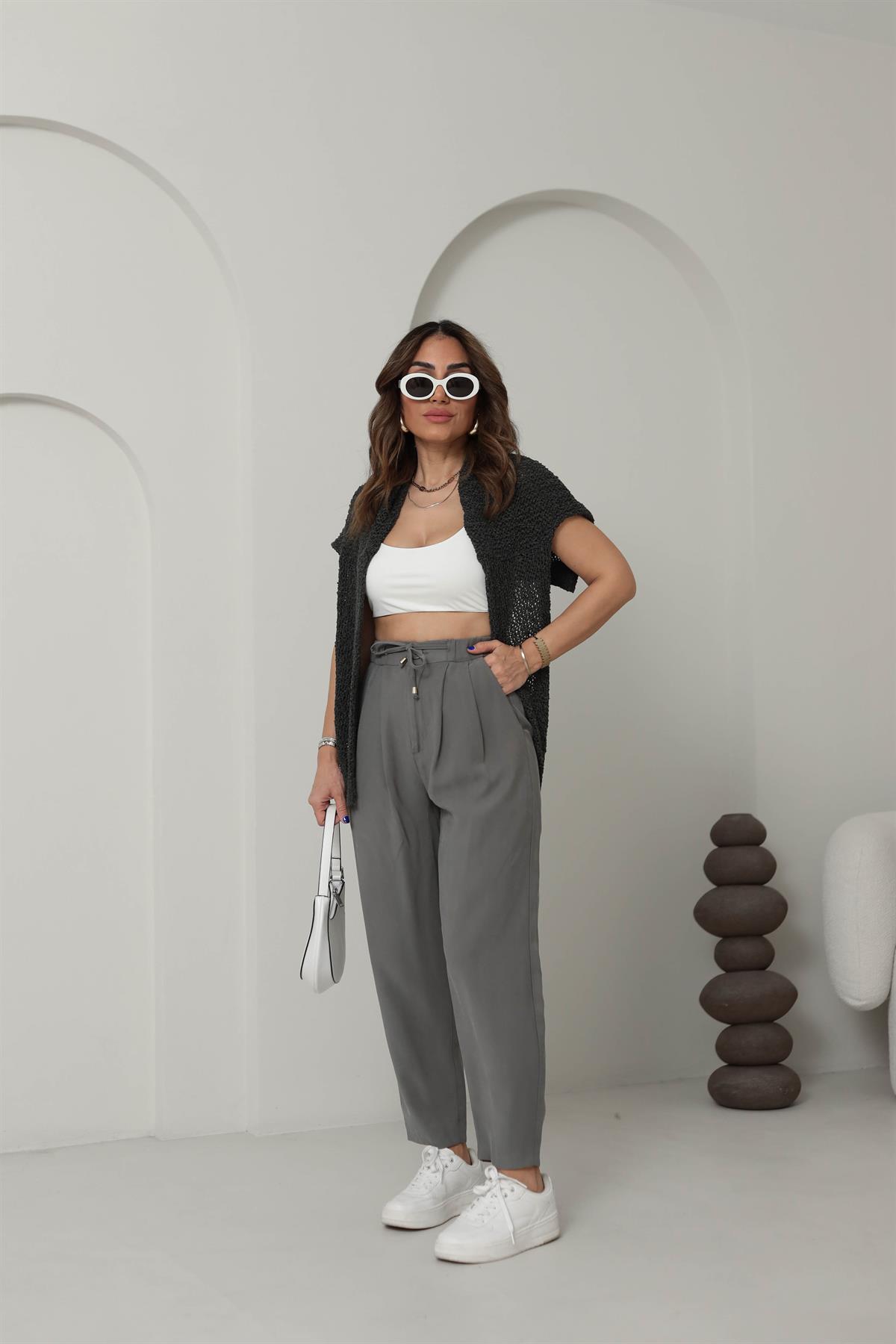 0266 Önden Bağcıklı Tencel Kumaş Havuç Pantalon HAKİ YEŞİL