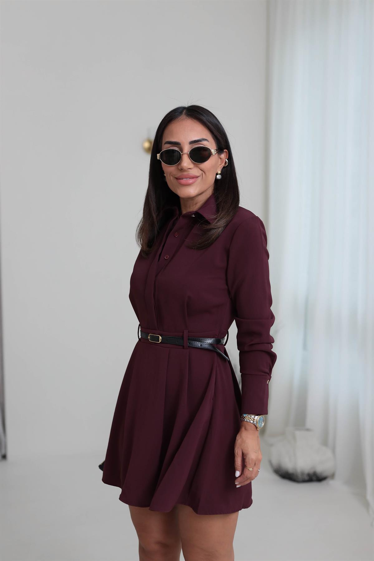 8171 Pensli Kemerli Gömlek Elbise BORDO