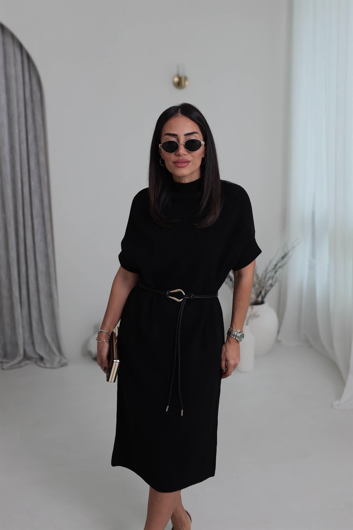 2548 Kemer Detaylı Triko Elbise SİYAH