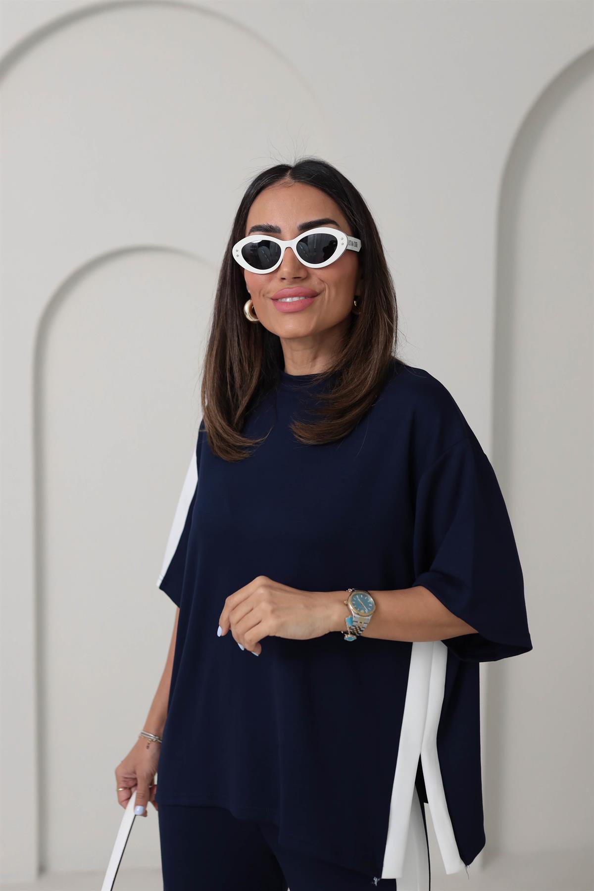 3417 Kontrastlı Paça Yırtmaçlı Rahat Modal Takım LACİVERT