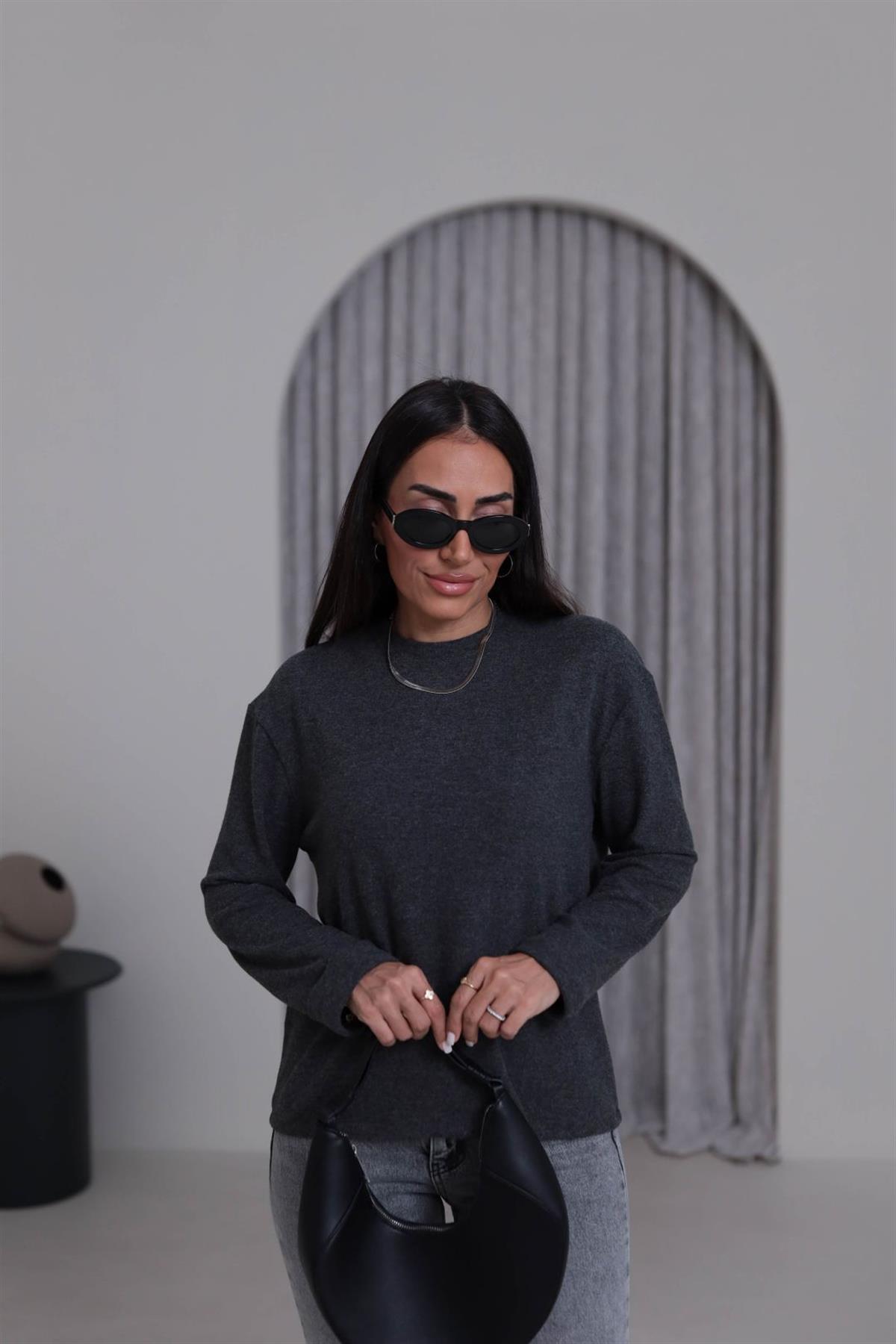 5249 Double Kol Bisiklet Yaka Yumoş Bluz ANTRASİT