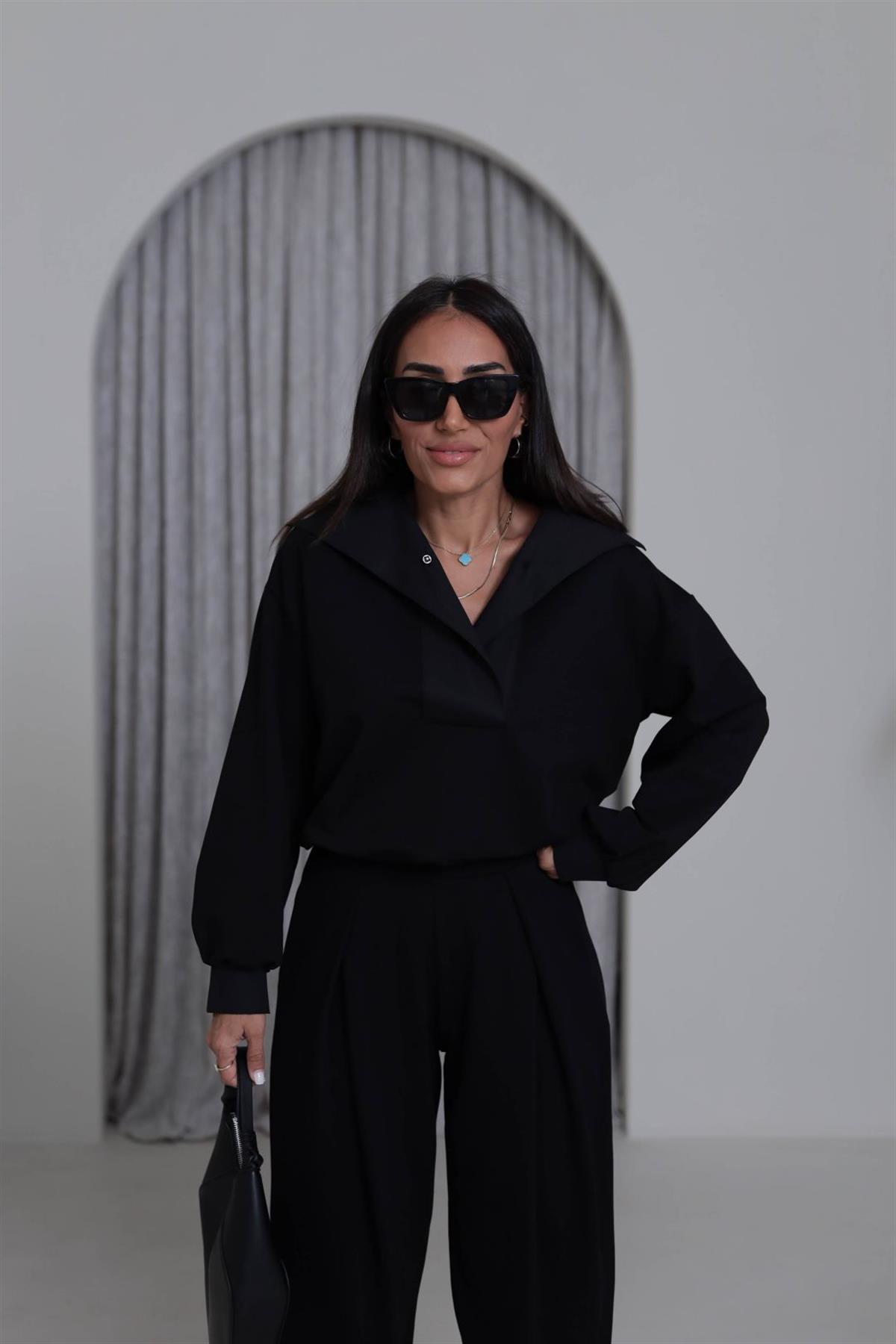 6720 Poplin Yaka Altı Lastikli Sweatshirt SİYAH