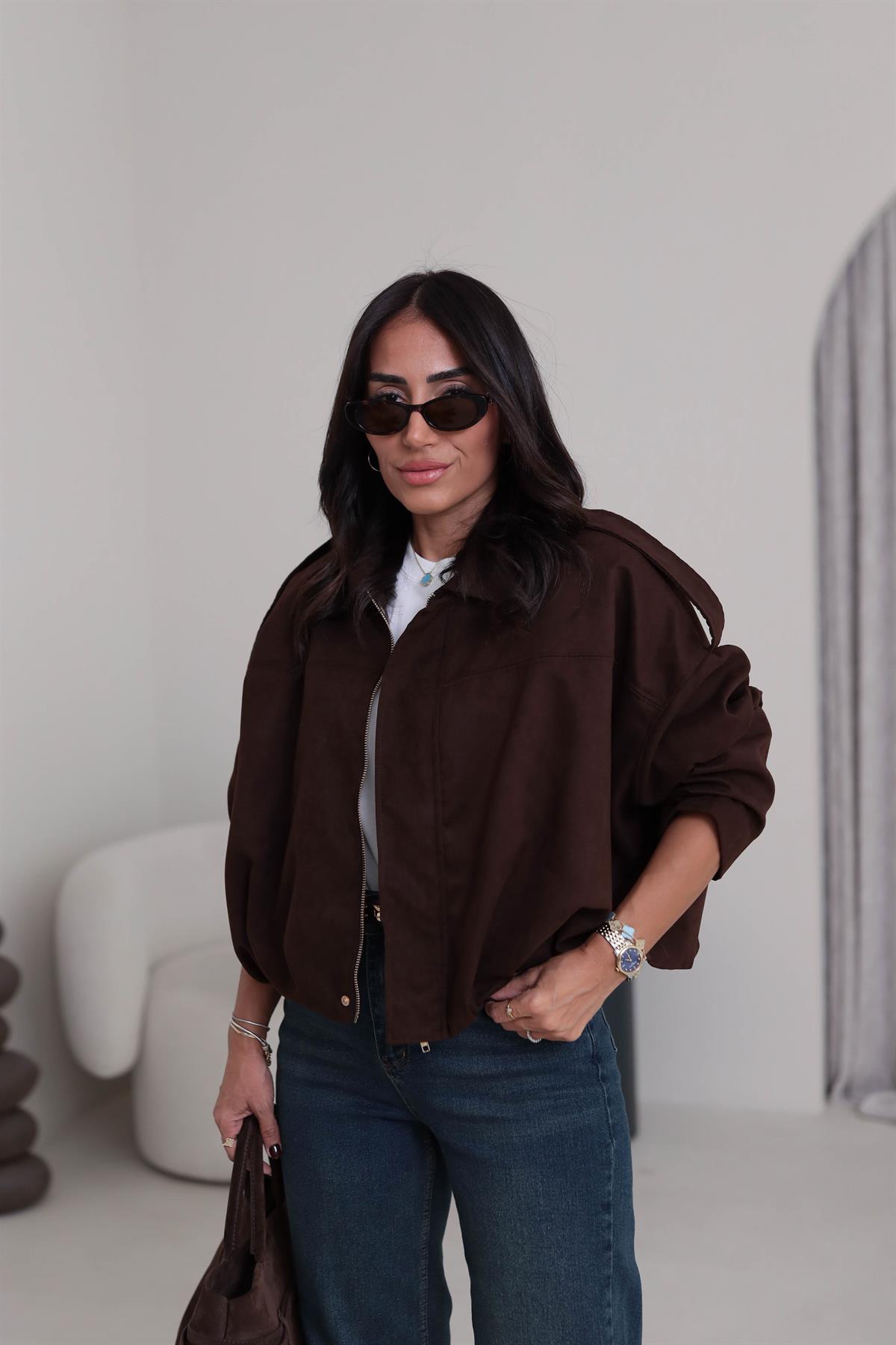 0493 Gömlek Yaka Apoletli Süet Bomber ACI KAHVE