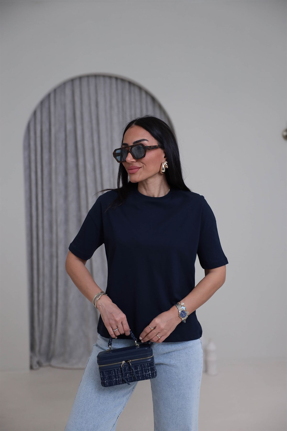 3683Y Bisiklet Yaka Pamuklu Basic Tshirt LACİVERT