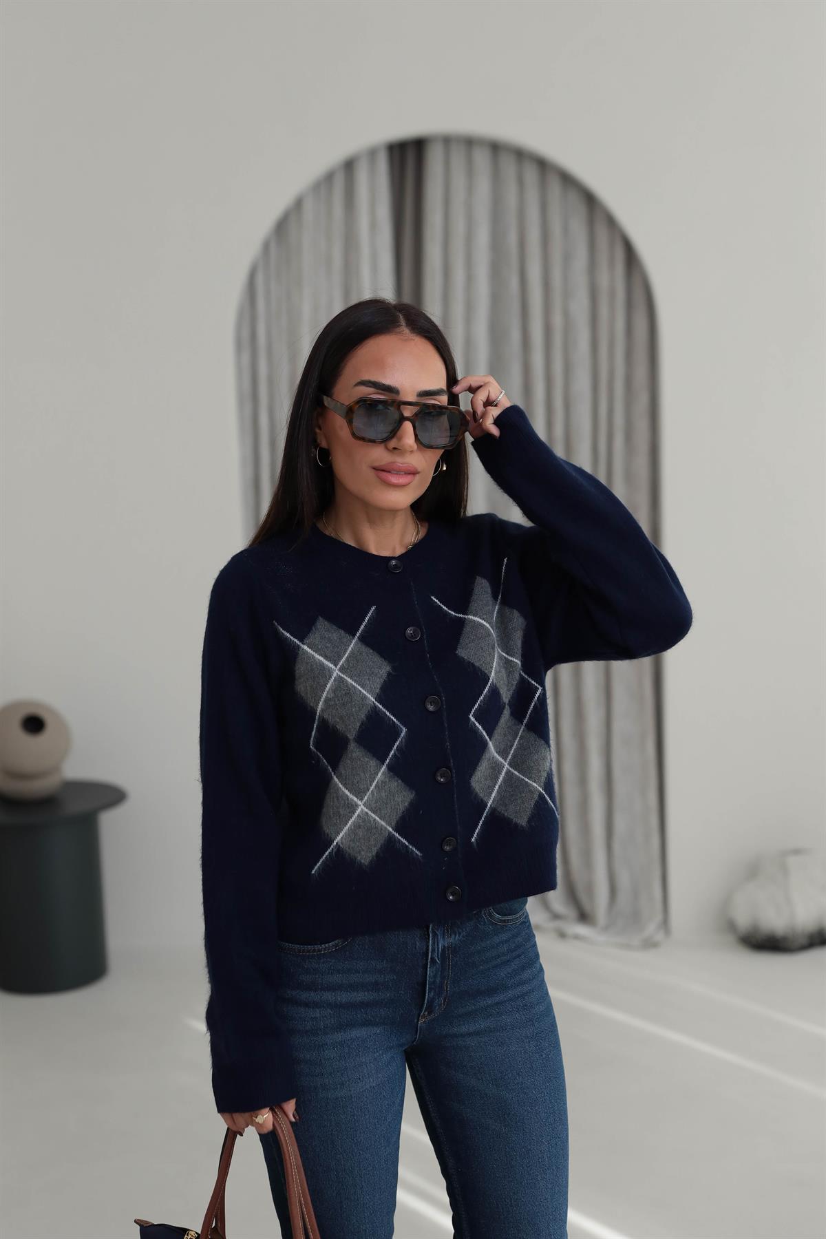 5263 Bisiklet Yaka Baklava Desen Massi Hırka LACİVERT