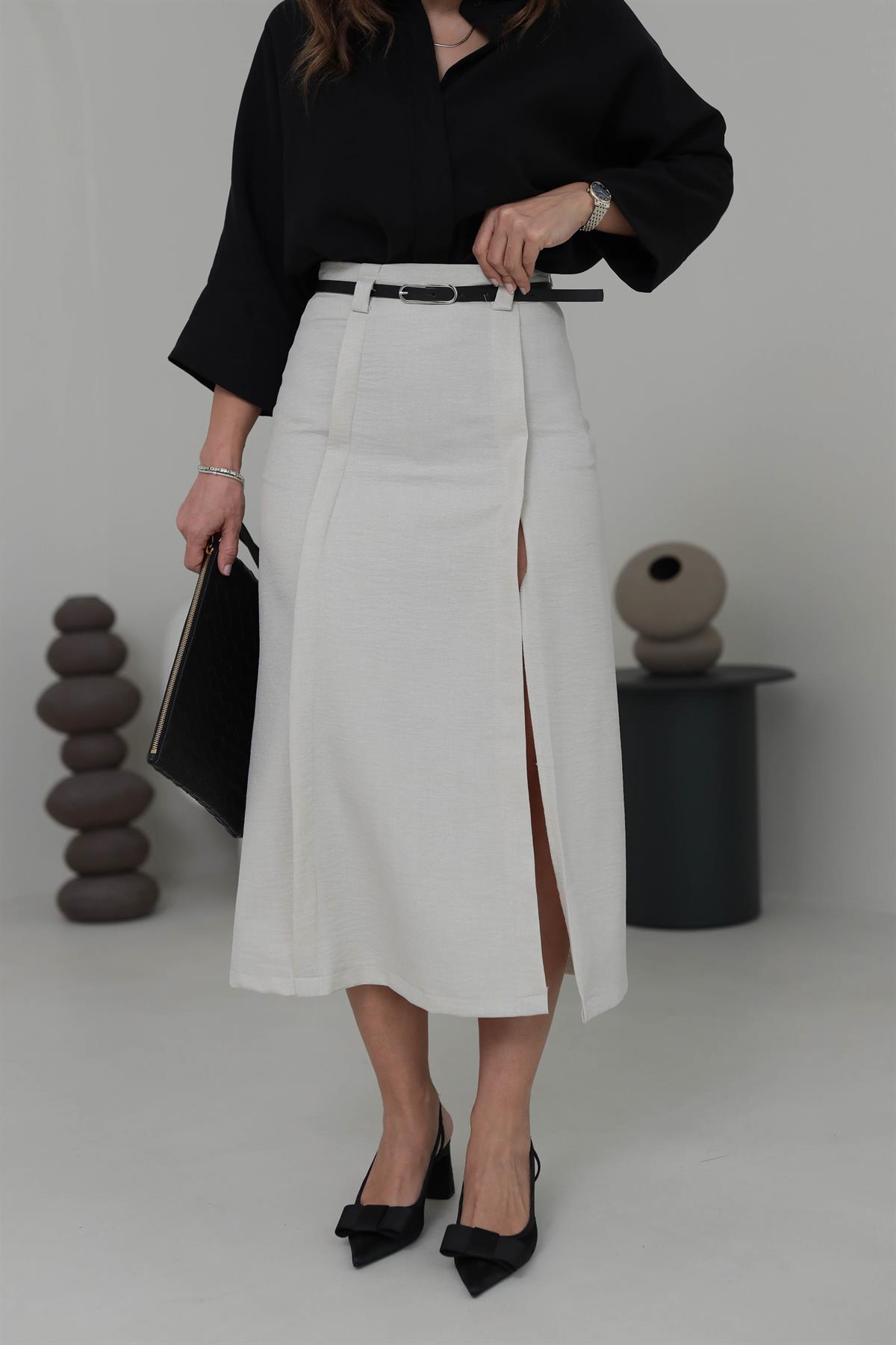 0268 Yırtmaç Detaylı Kemerli Midi Boy Etek TAŞ