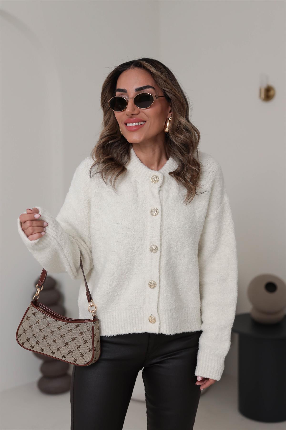 60276 V Yaka Düğmeli Buklet Triko Hırka EKRU