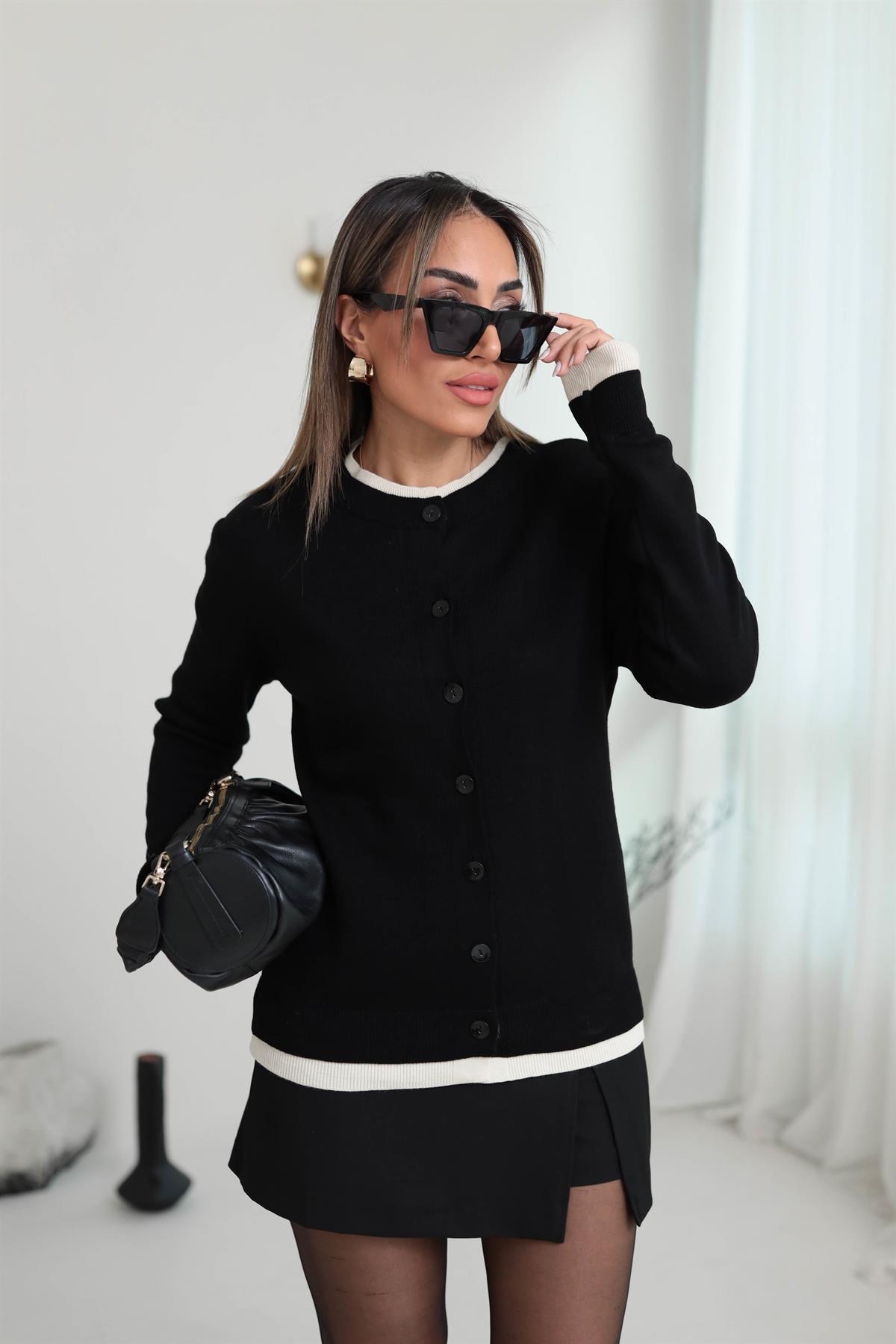 5207 Çift Yaka Düğmeli Hırka SİYAH