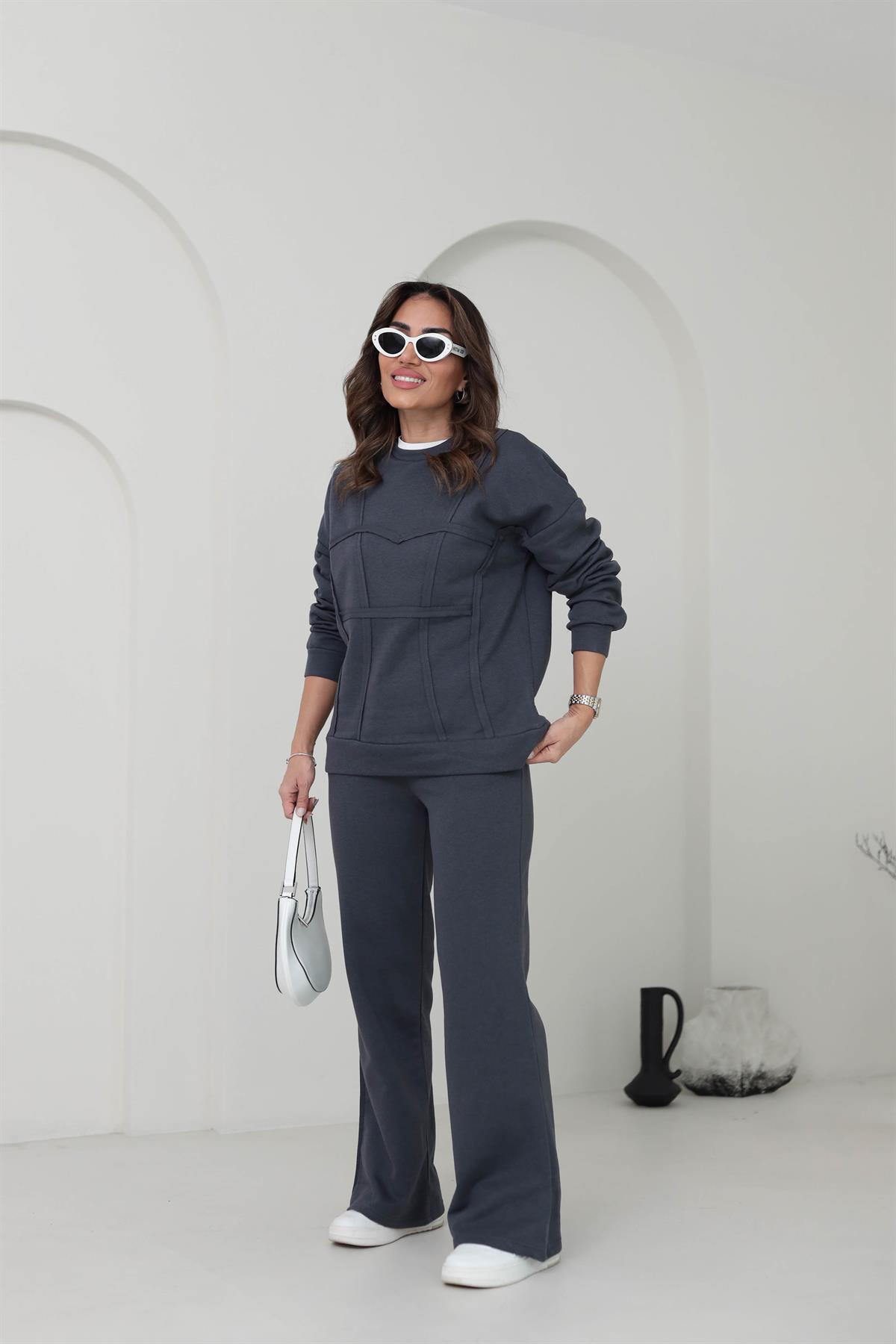 Bisiklet Yaka Dikiş Detaylı Eşofman Takımı ANTRASİT