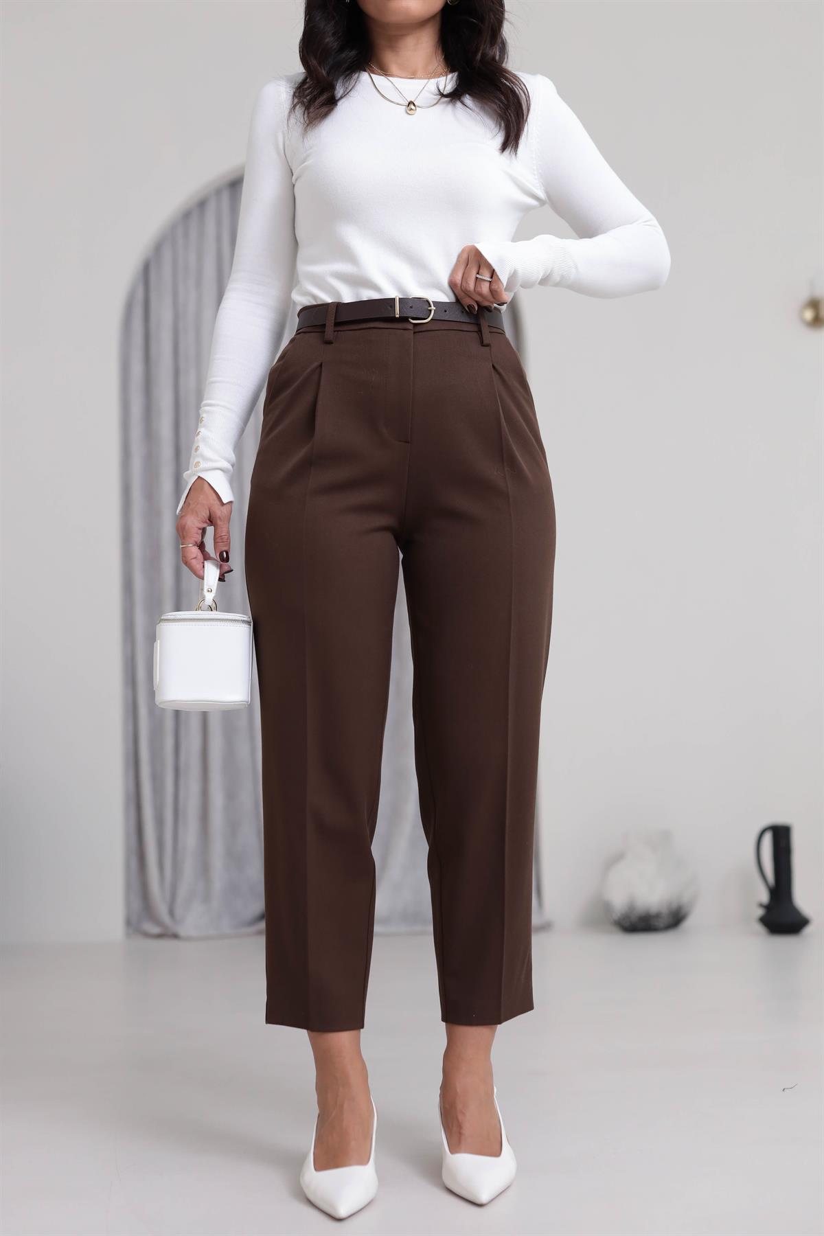 2166 Kemerli Havuç Fit Pantolon KAHVE