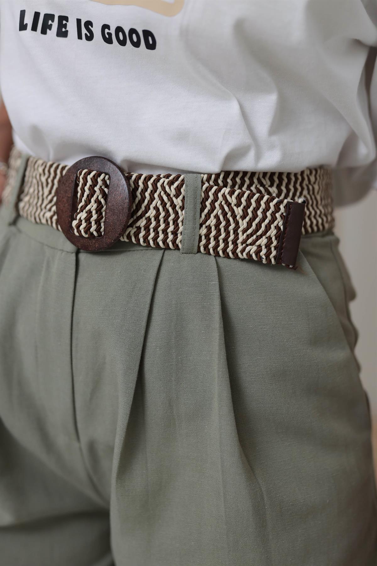 0317 Kemerli Rahat Keten Şort HAKİ YEŞİL