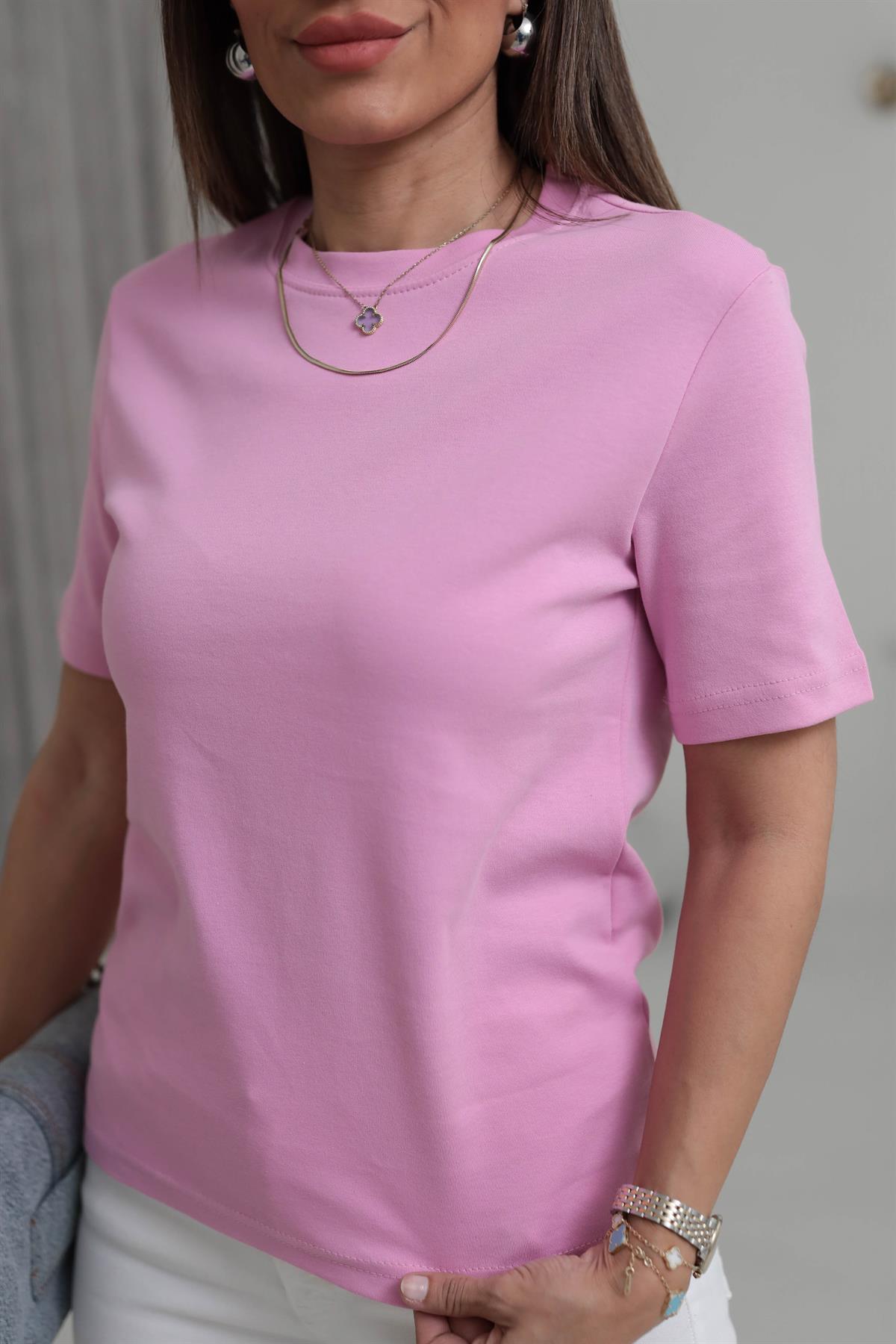 1075 Bisiklet Yaka Pamuklu Basic Tshirt PEMBE
