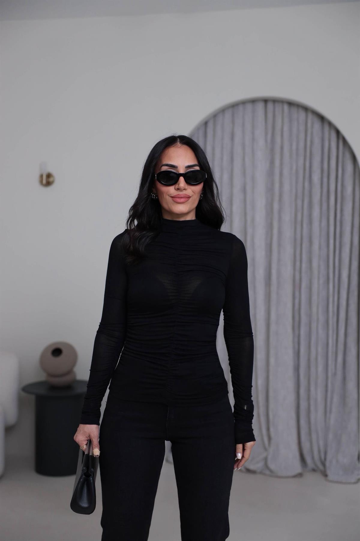 1036 Dik Yaka Drapeli Transparan Bluz SİYAH