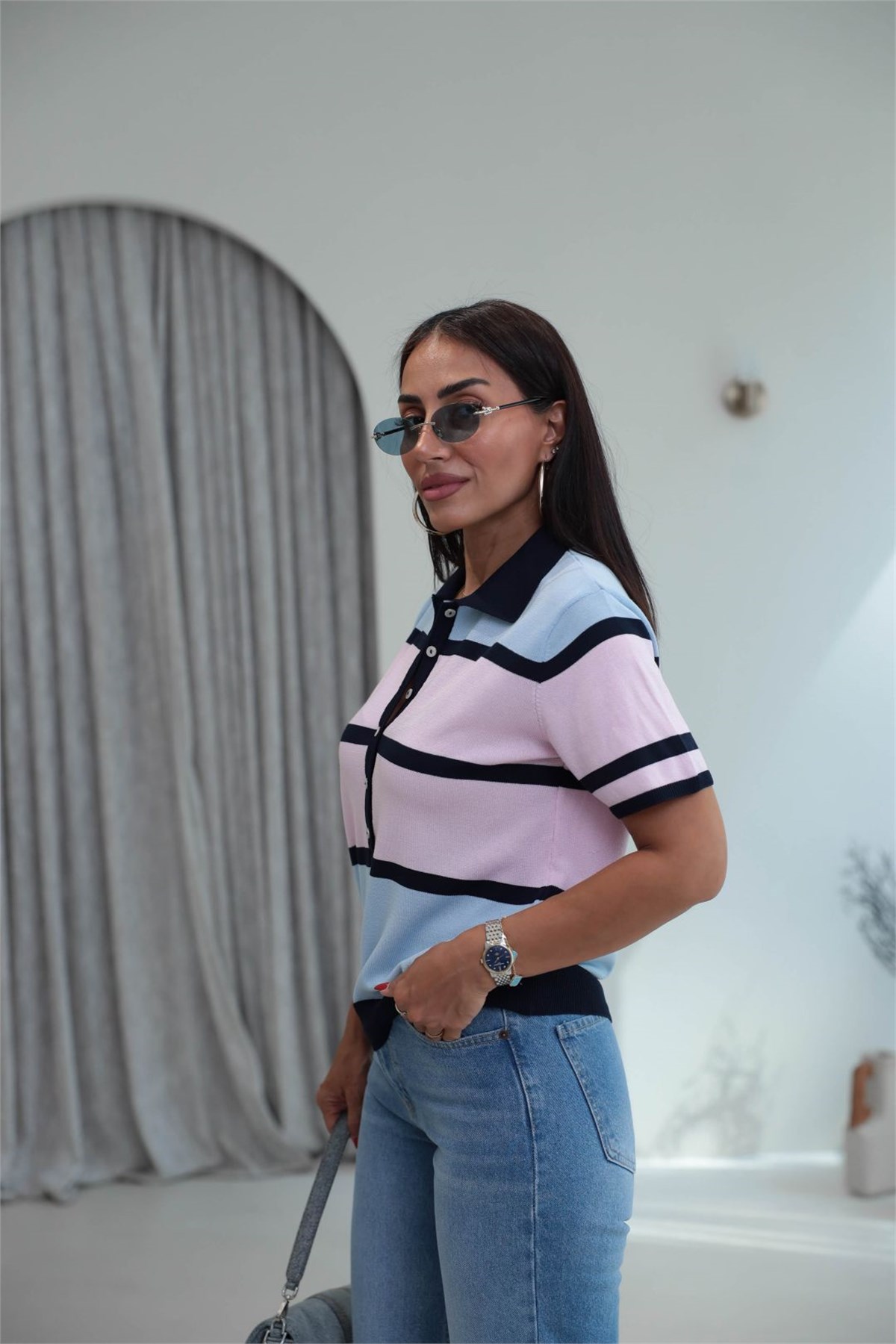 5469 Polo yaka Renk Bloklu Bluz RENKLİ