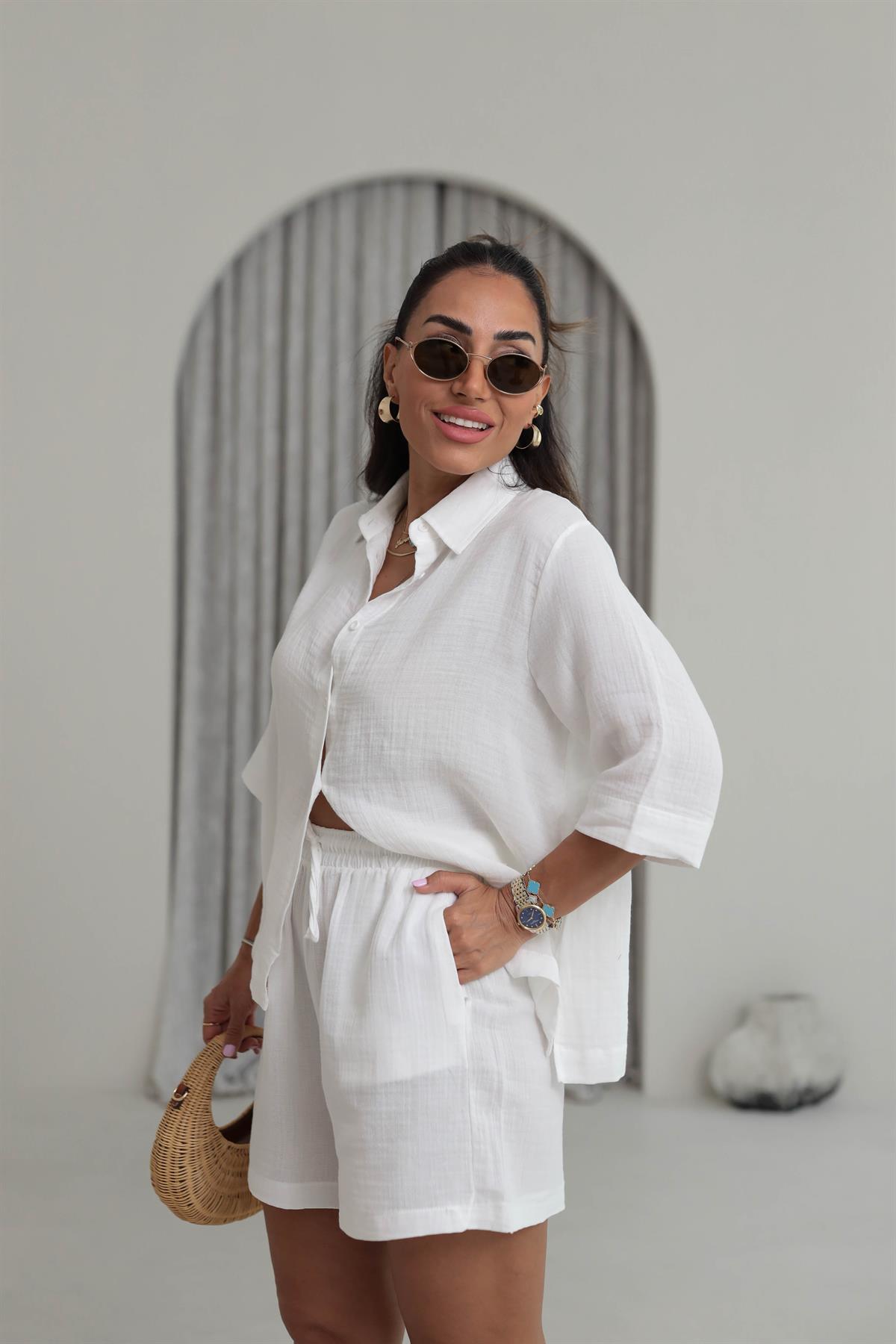 0427 Müslin Kumaş Gömlek Şort Takım BEYAZ