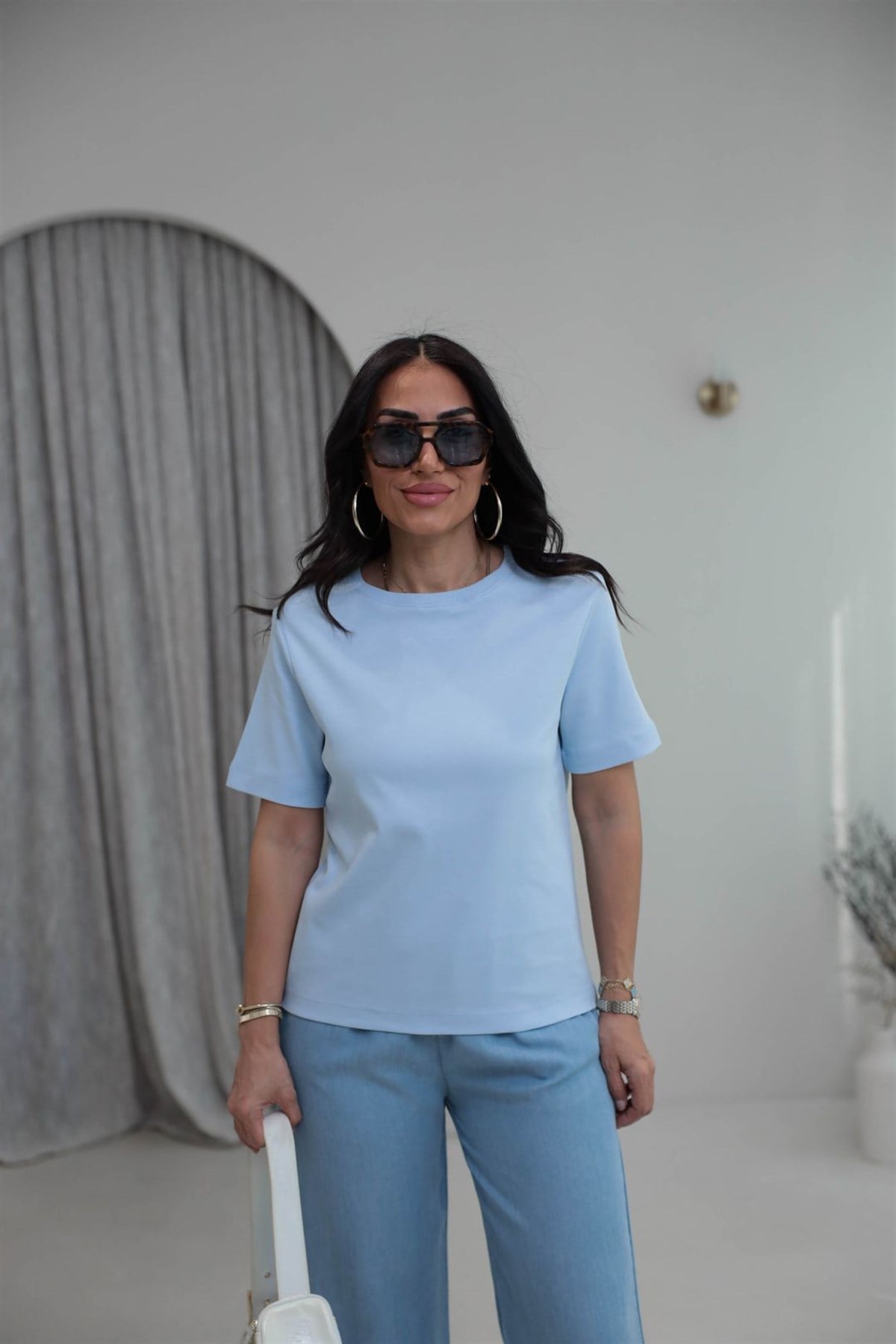6074 Bisiklet Yaka Pamuklu Basic Tshirt BEBE MAVİ